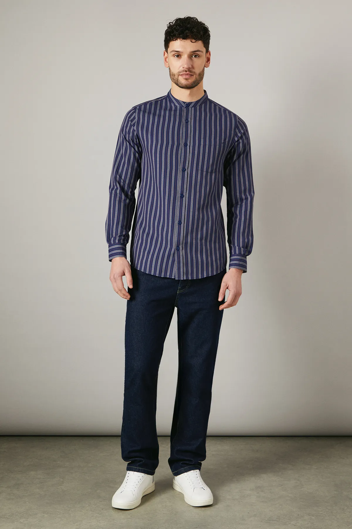 Navy Stitch Stripe Grandad Long Sleeve Shirt 2 Navy Stitch Stripe Grandad Long Sleeve Shirt
