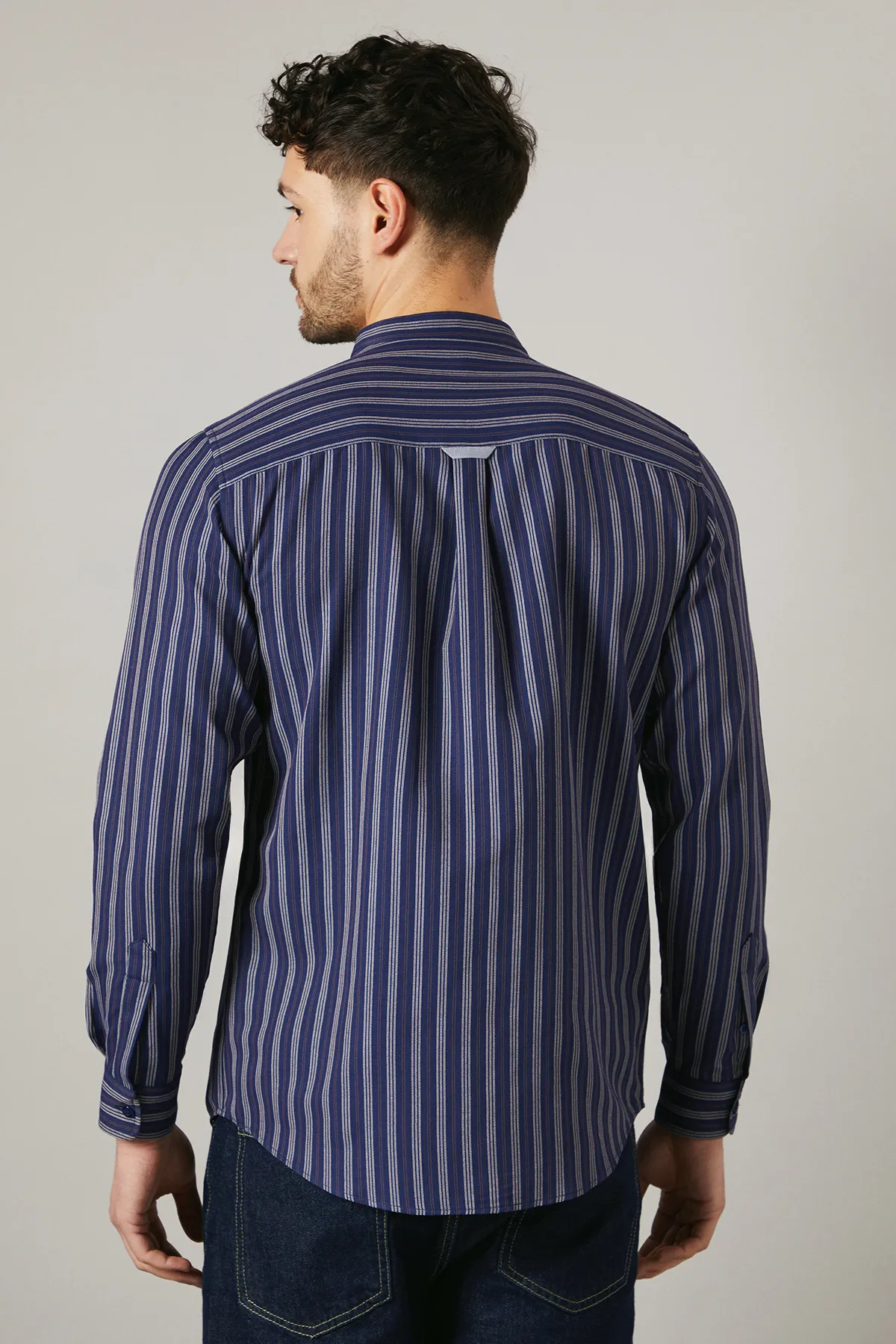 Navy Stitch Stripe Grandad Long Sleeve Shirt 3 Navy Stitch Stripe Grandad Long Sleeve Shirt