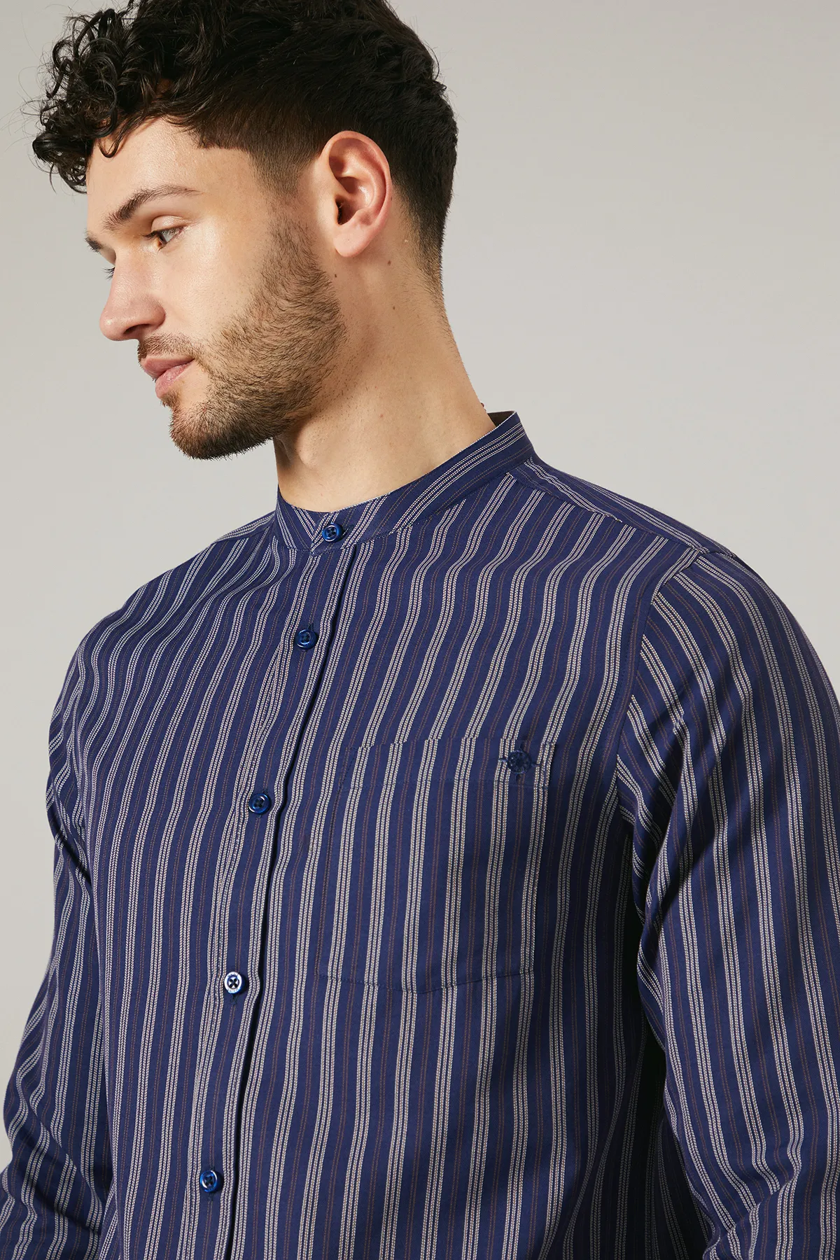 Navy Stitch Stripe Grandad Long Sleeve Shirt 4 Navy Stitch Stripe Grandad Long Sleeve Shirt