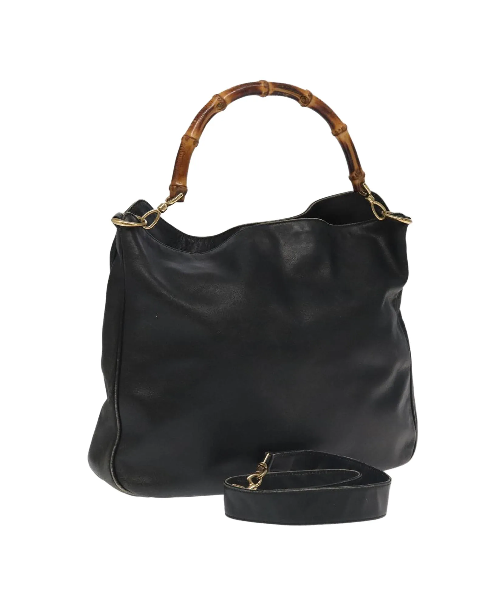 Preloved Bamboo Handle Leather Shoulder Bag- Black 1 Preloved Bamboo Handle Leather Shoulder Bag- Black
