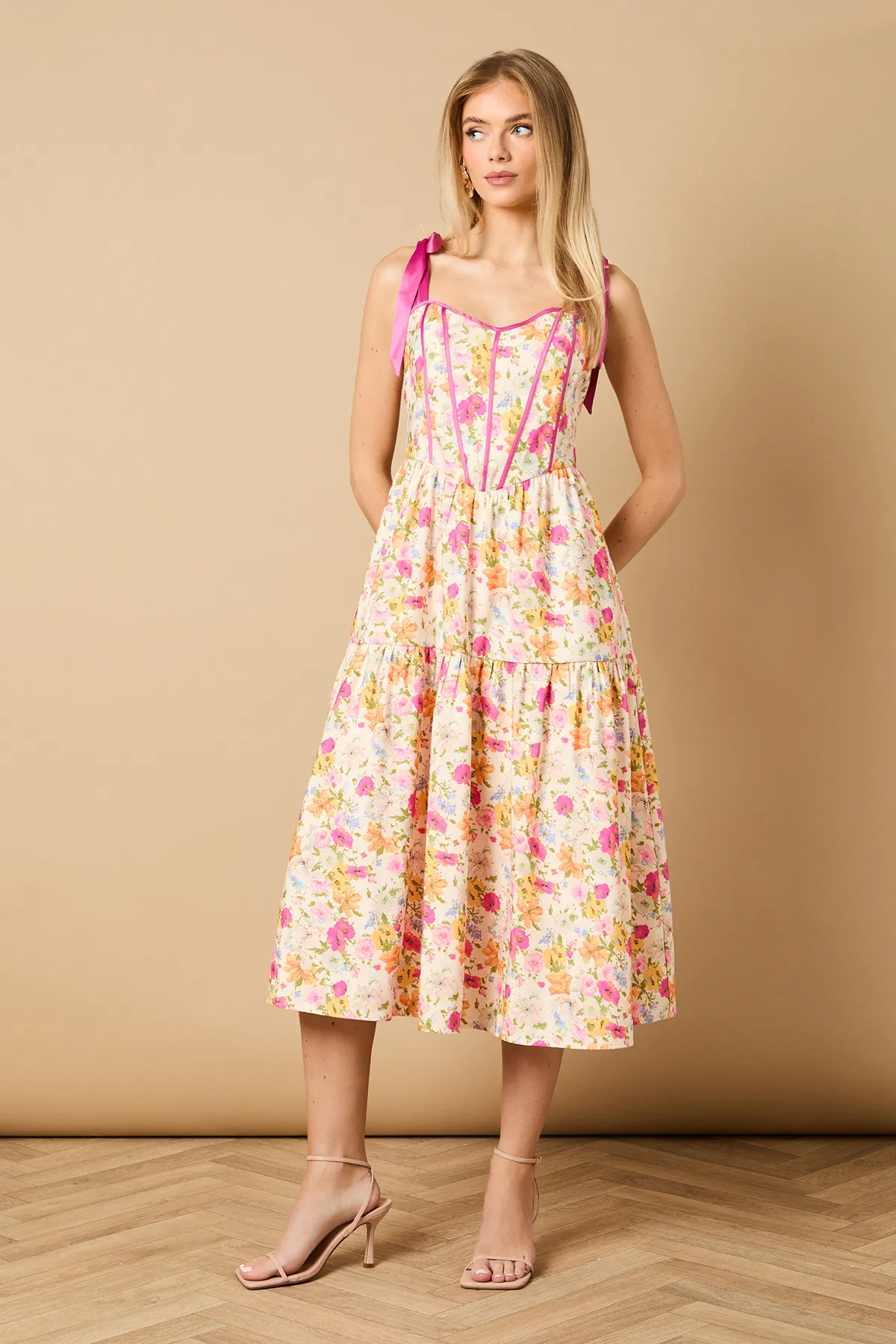 Corset Detail Bow Tie Strap Midi Dress