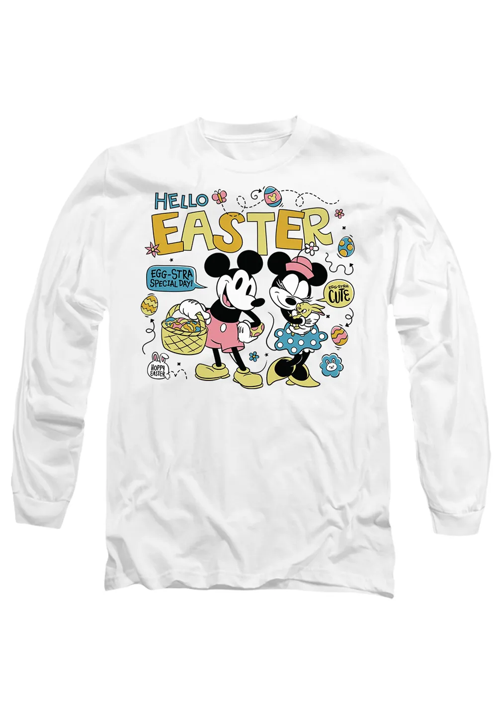 Mickey and Minnie Mouse Hello Easter! Long Sleeve T-Shirt, White 1 Mickey and Minnie Mouse Hello Easter! Long Sleeve T-Shirt, White
