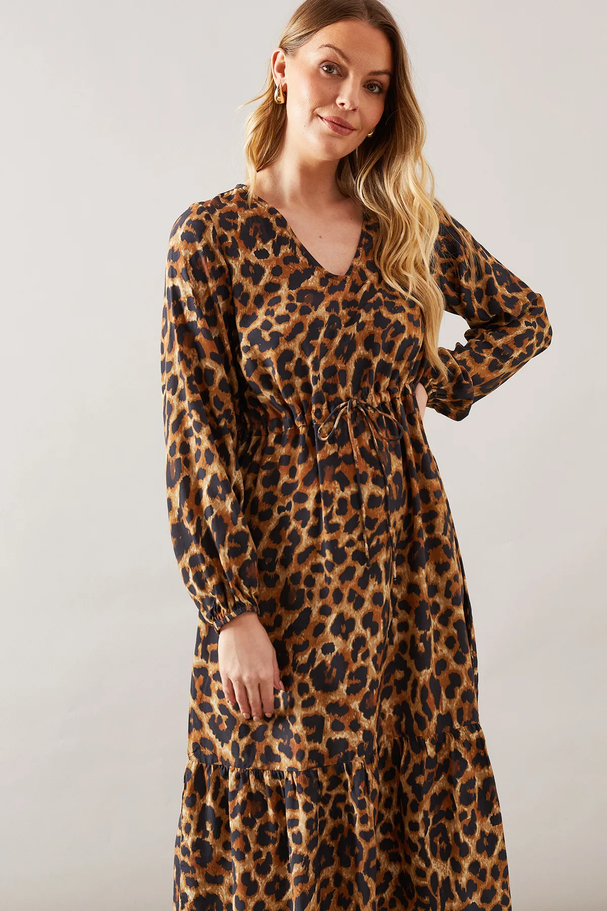 Leopard Print Drawstring Viscose Midi Dress 2 Leopard Print Drawstring Viscose Midi Dress