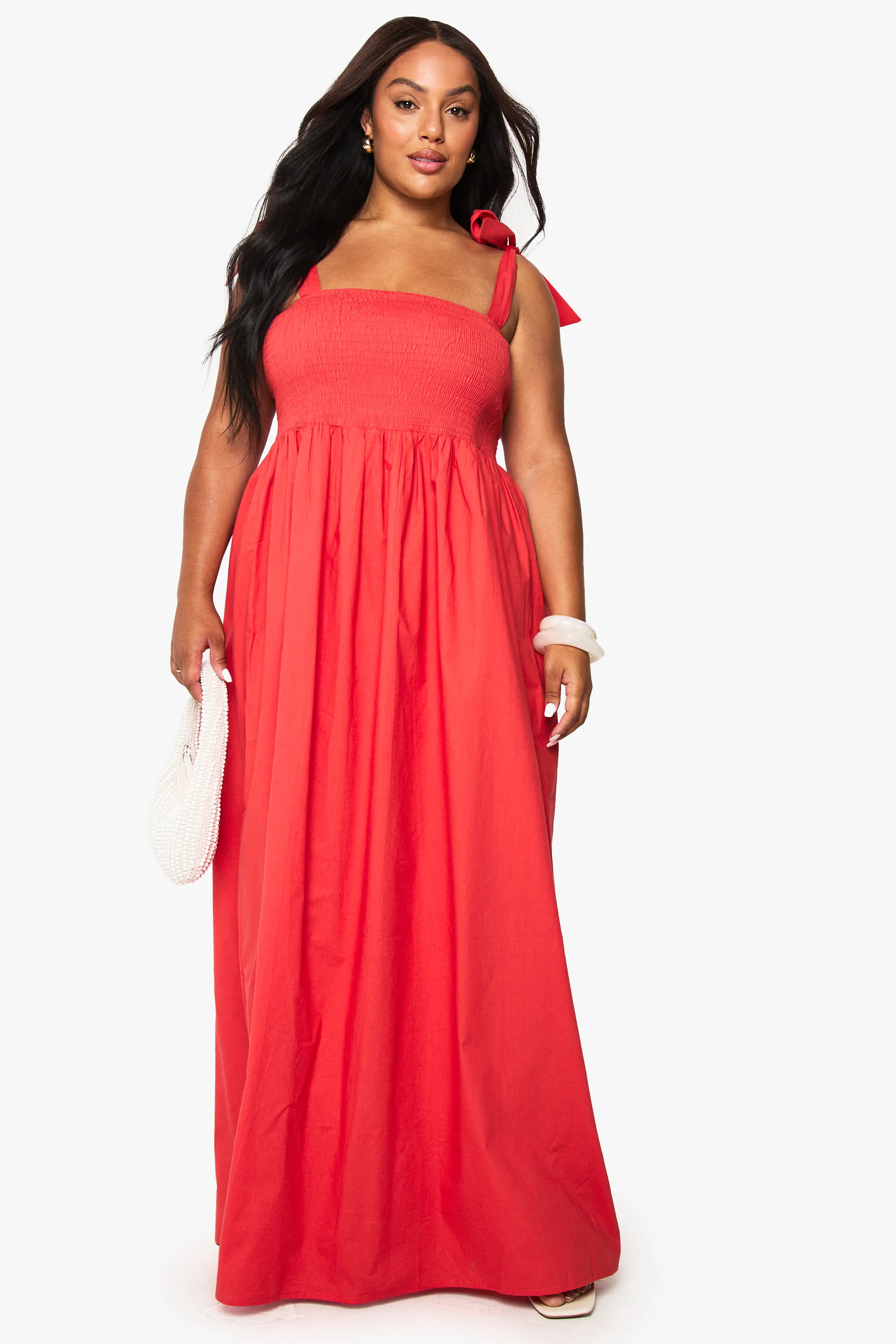 Plus Cotton Poplin Tie Shoulder Maxi Dress