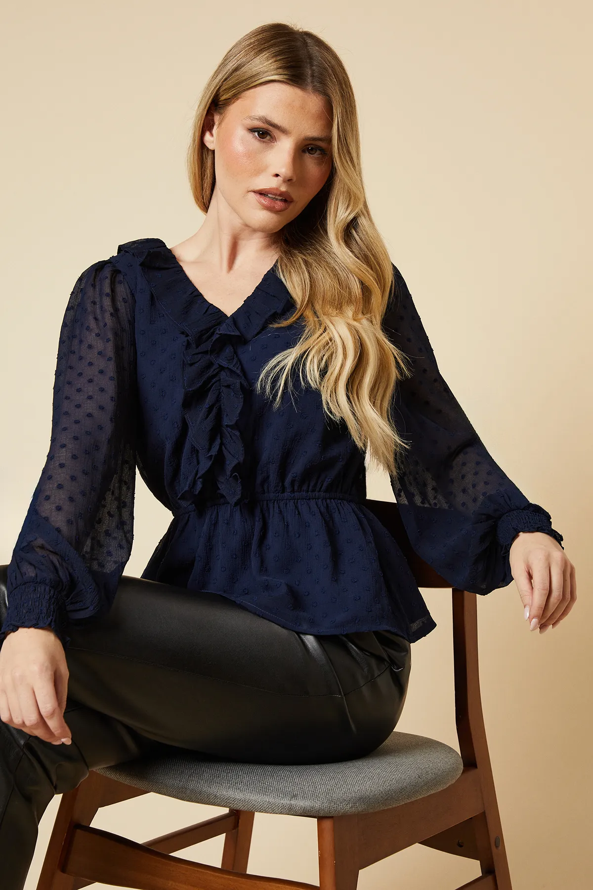 Ruffle Front Long Sleeve Dobby Chiffon Blouse 1 Ruffle Front Long Sleeve Dobby Chiffon Blouse