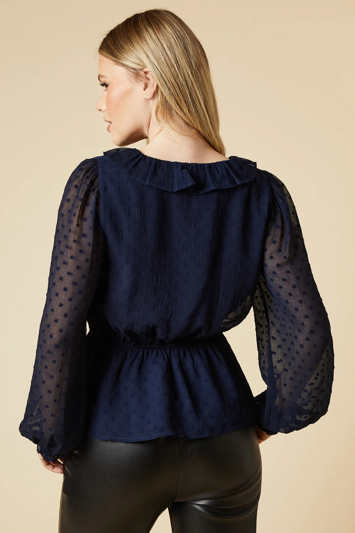 Ruffle Front Long Sleeve Dobby Chiffon Blouse 4 Ruffle Front Long Sleeve Dobby Chiffon Blouse