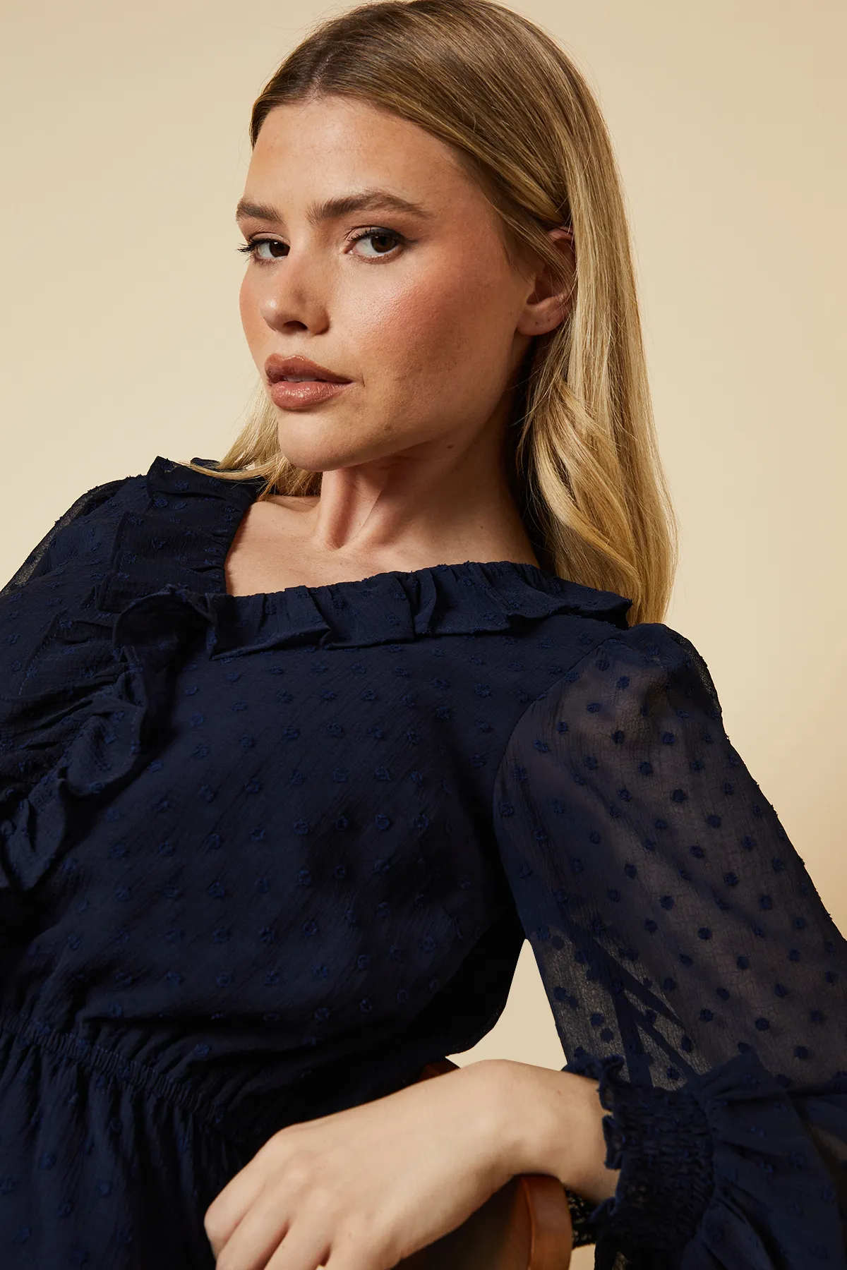 Ruffle Front Long Sleeve Dobby Chiffon Blouse 5 Ruffle Front Long Sleeve Dobby Chiffon Blouse