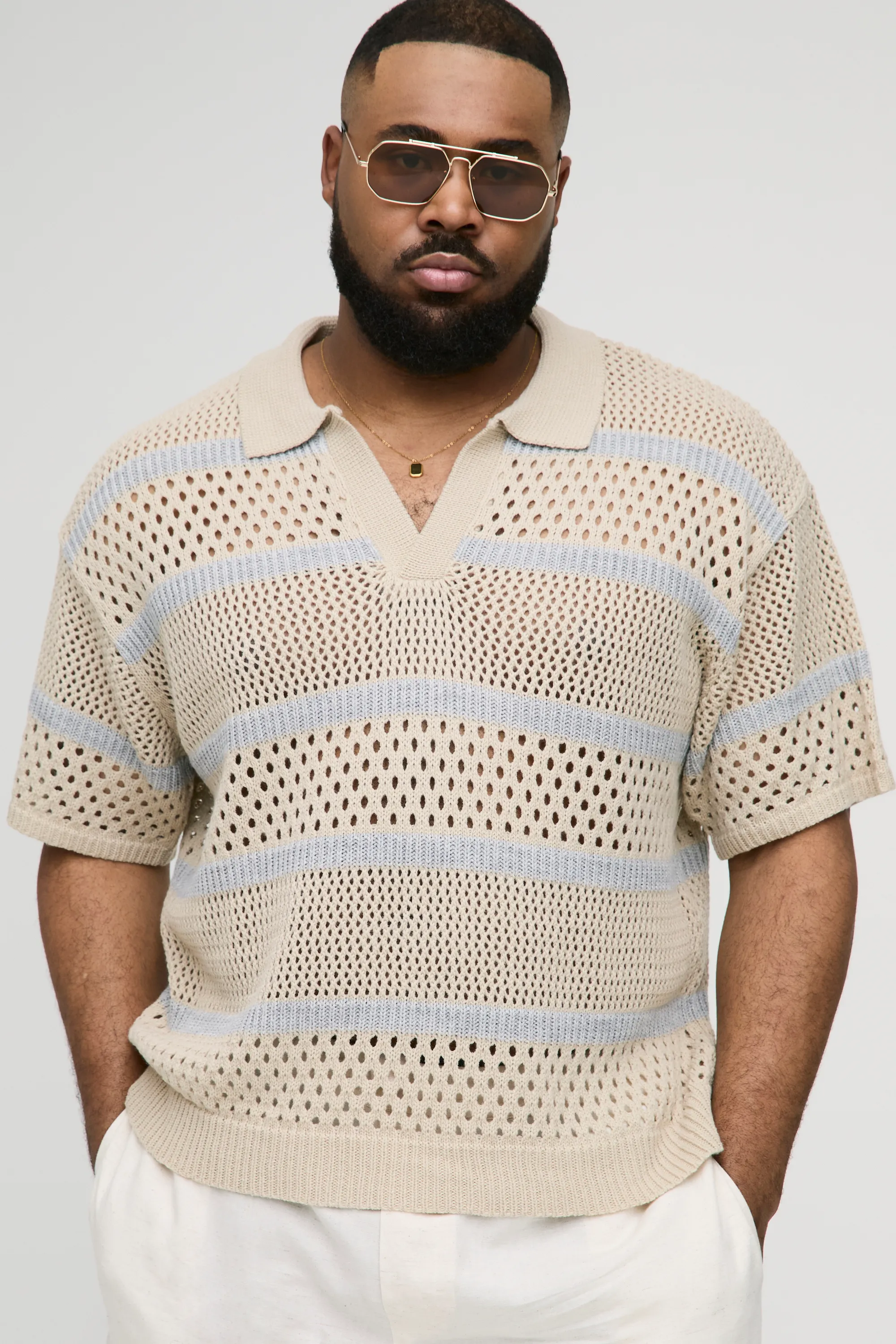 Plus Boxy Oversized Stripe Open Knit Polo 1 Plus Boxy Oversized Stripe Open Knit Polo