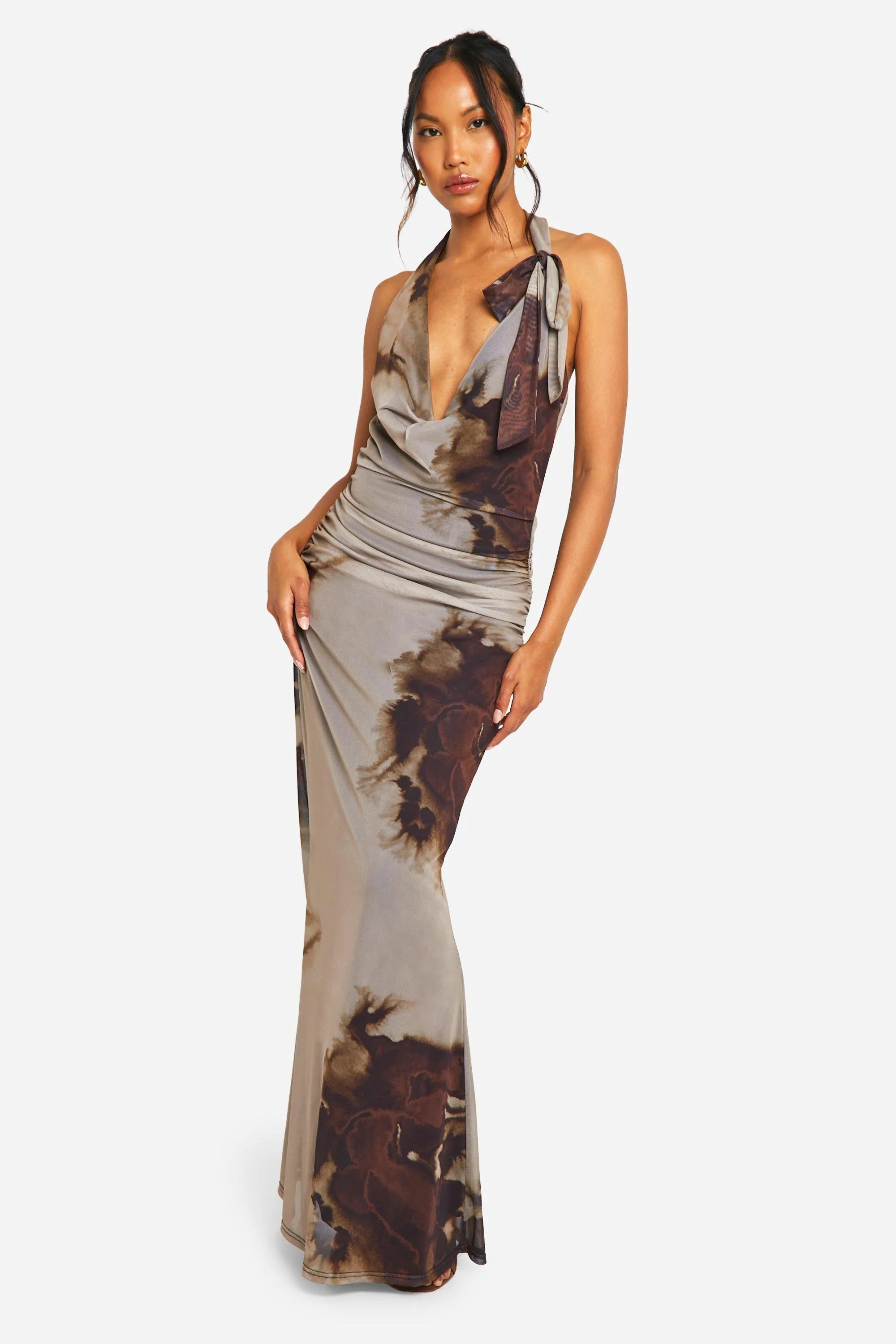 Cowl Neck Printed Mesh Tie Neck Maxi Dress 1 Cowl Neck Printed Mesh Tie Neck Maxi Dress