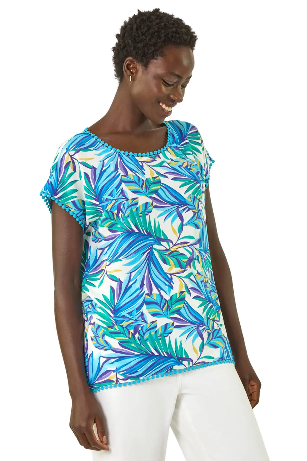 Tropical Leaf Bobble Trim Top 1 Tropical Leaf Bobble Trim Top