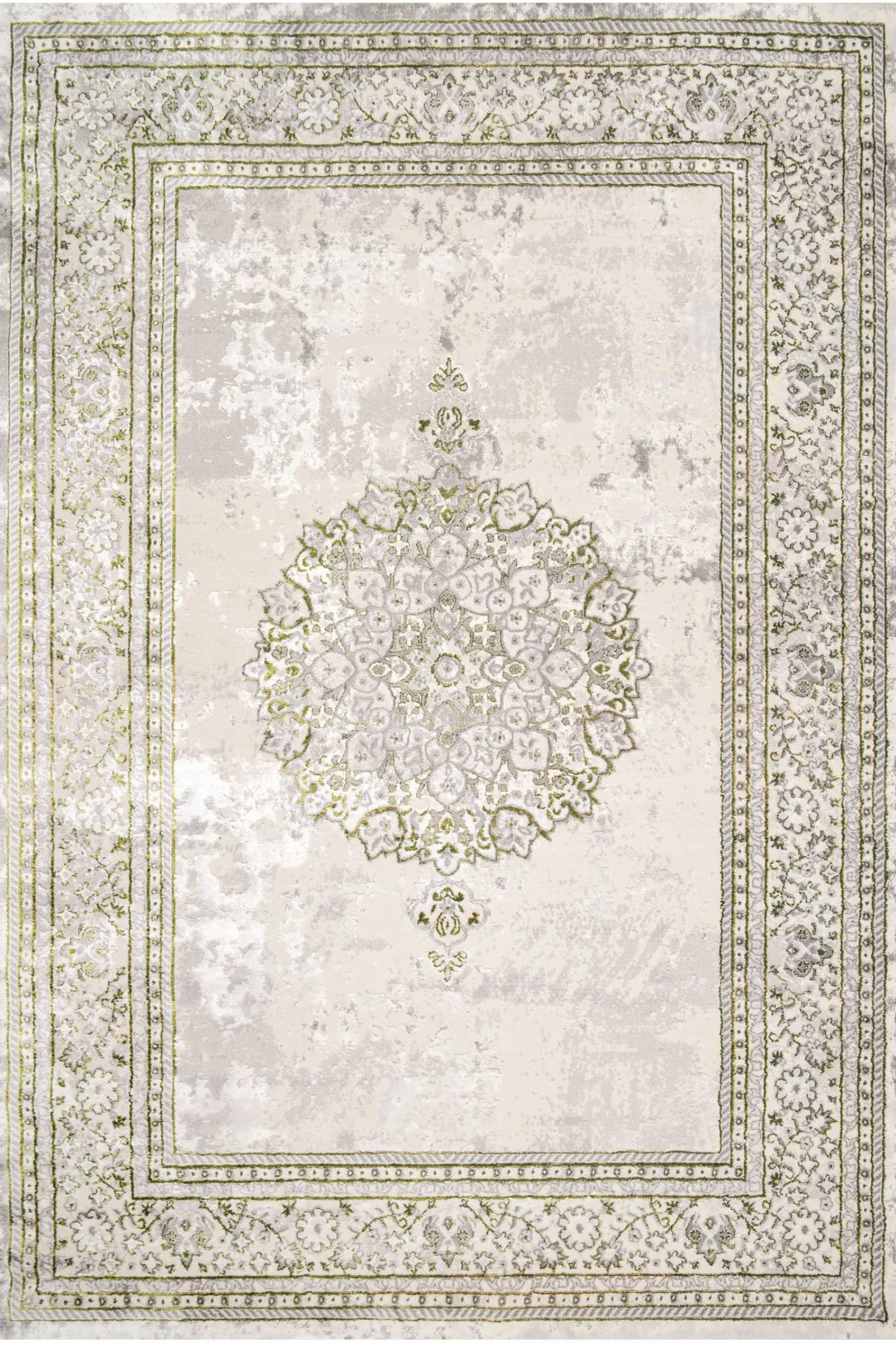 Green Beige Distressed Traditional Medallion Bordered Living Room Rug 1 Green Beige Distressed Traditional Medallion Bordered Living Room Rug