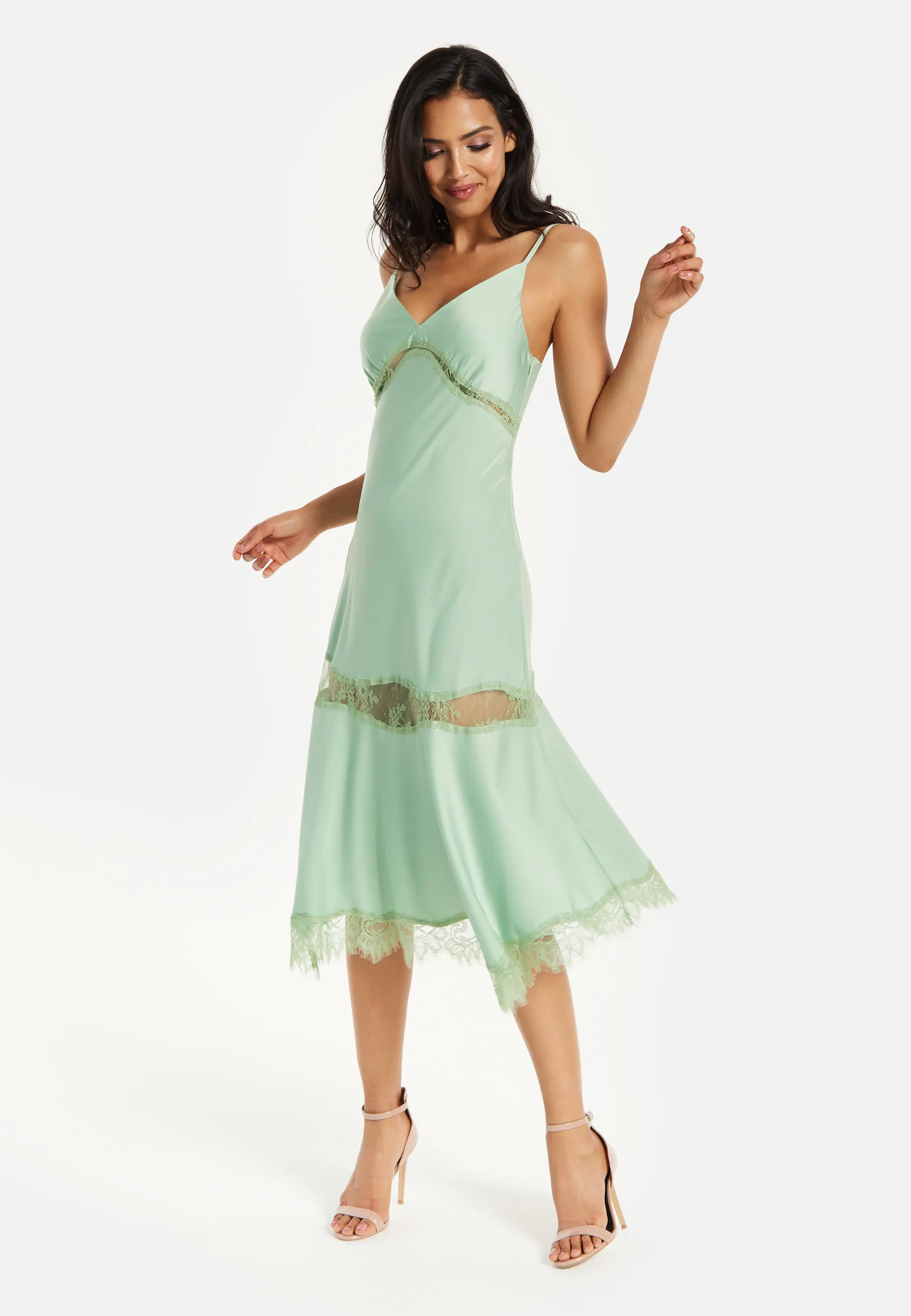 Liquorish Fine Lace Detail Strip Midi Dress In Sage Green