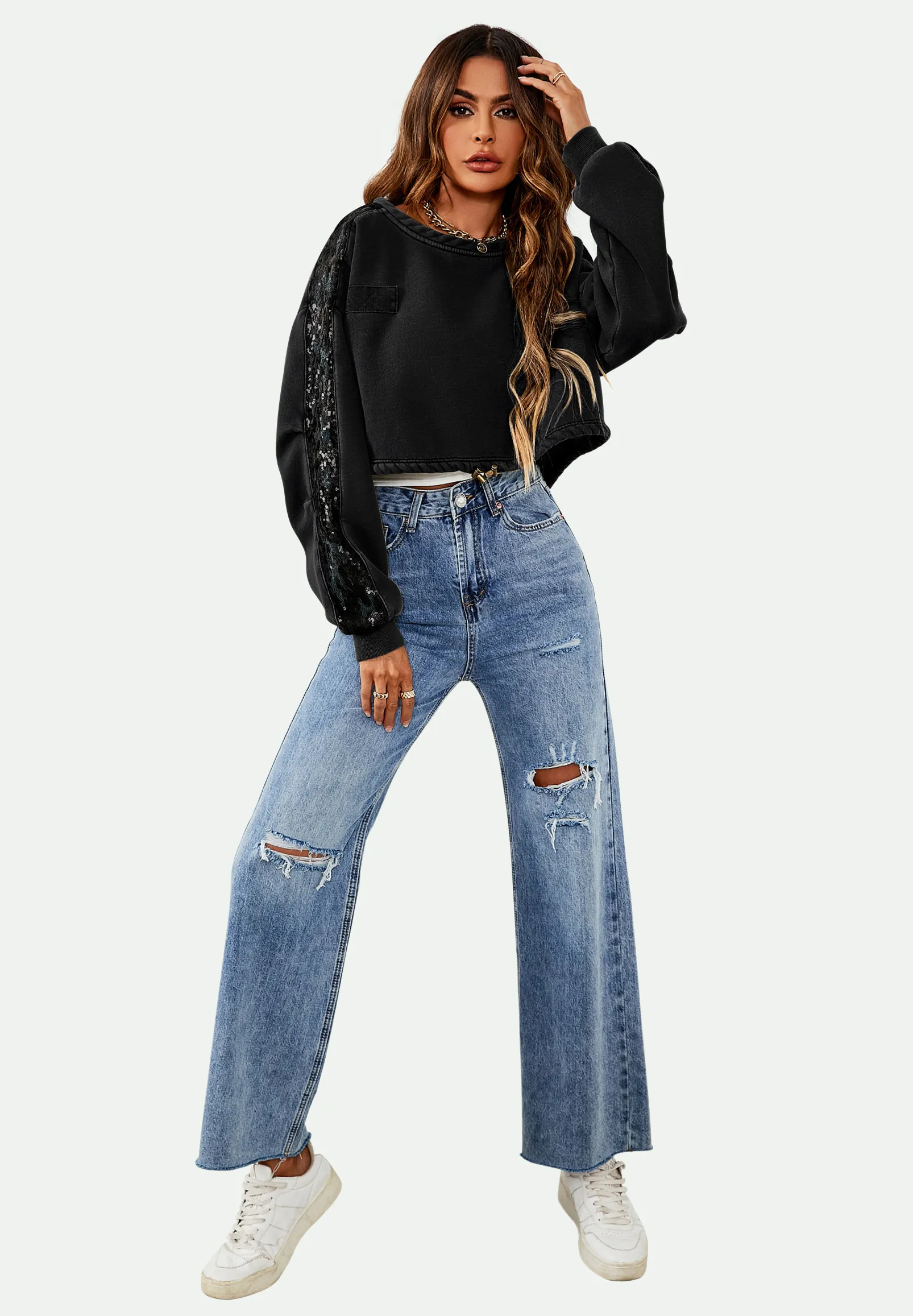 Oversized Sequin Detail Cropped Sweatshirt In Black 2 Oversized Sequin Detail Cropped Sweatshirt In Black
