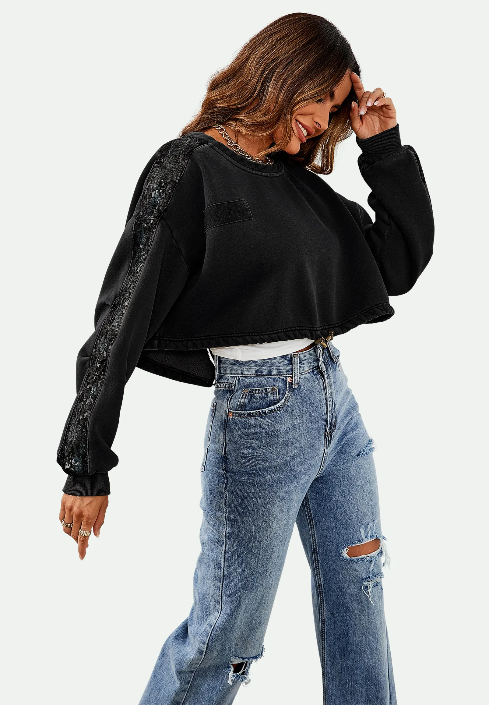 Oversized Sequin Detail Cropped Sweatshirt In Black 3 Oversized Sequin Detail Cropped Sweatshirt In Black