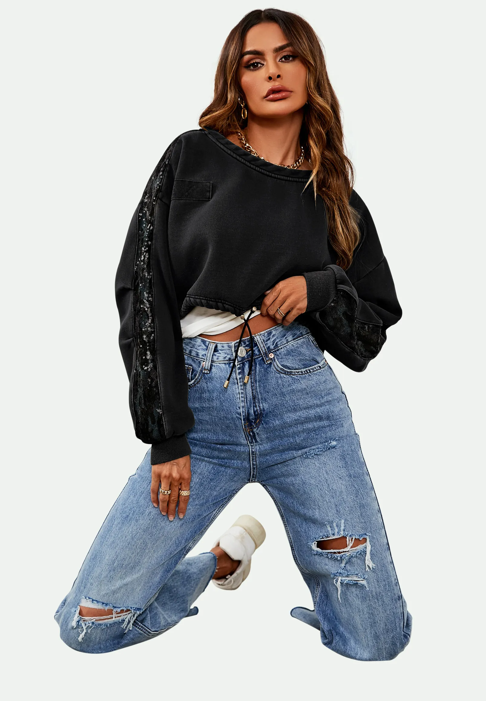 Oversized Sequin Detail Cropped Sweatshirt In Black 4 Oversized Sequin Detail Cropped Sweatshirt In Black