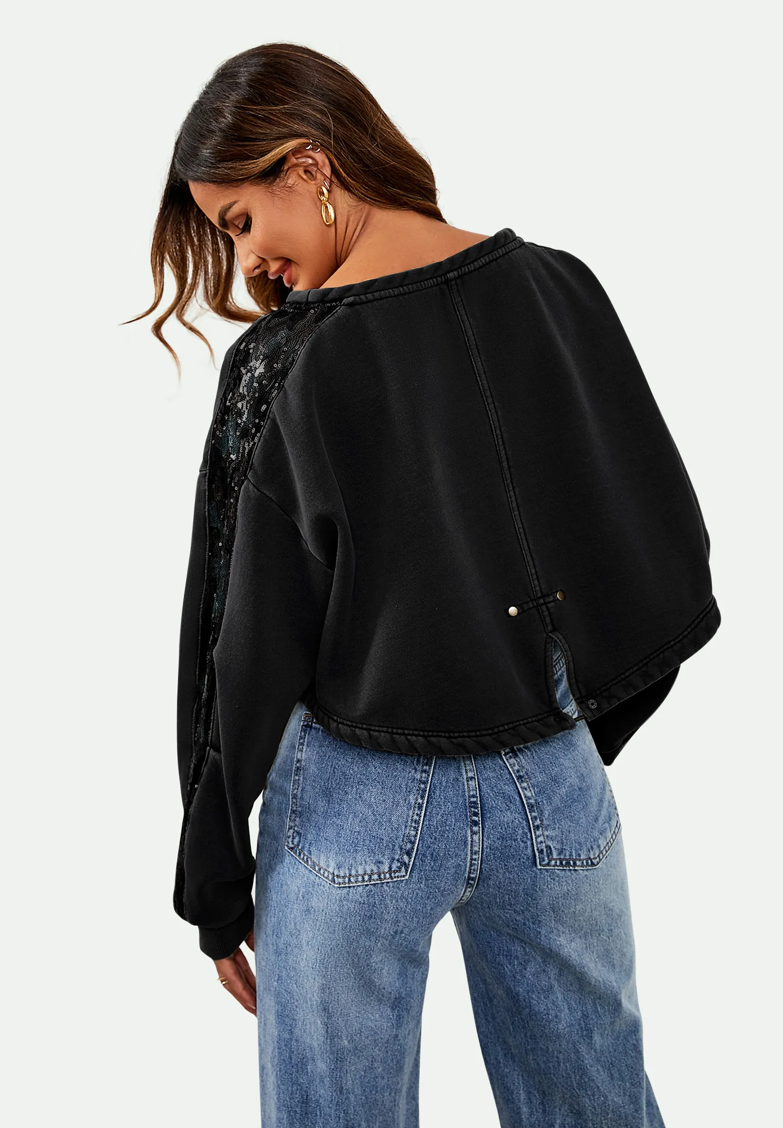 Oversized Sequin Detail Cropped Sweatshirt In Black 6 Oversized Sequin Detail Cropped Sweatshirt In Black