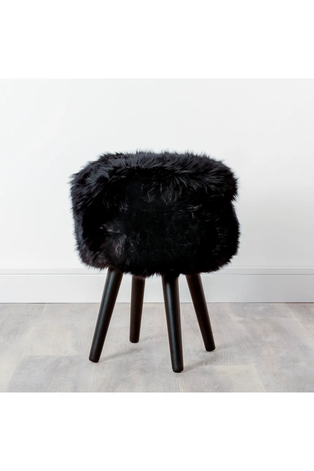 Black Sheepskin Wood Stool - Black