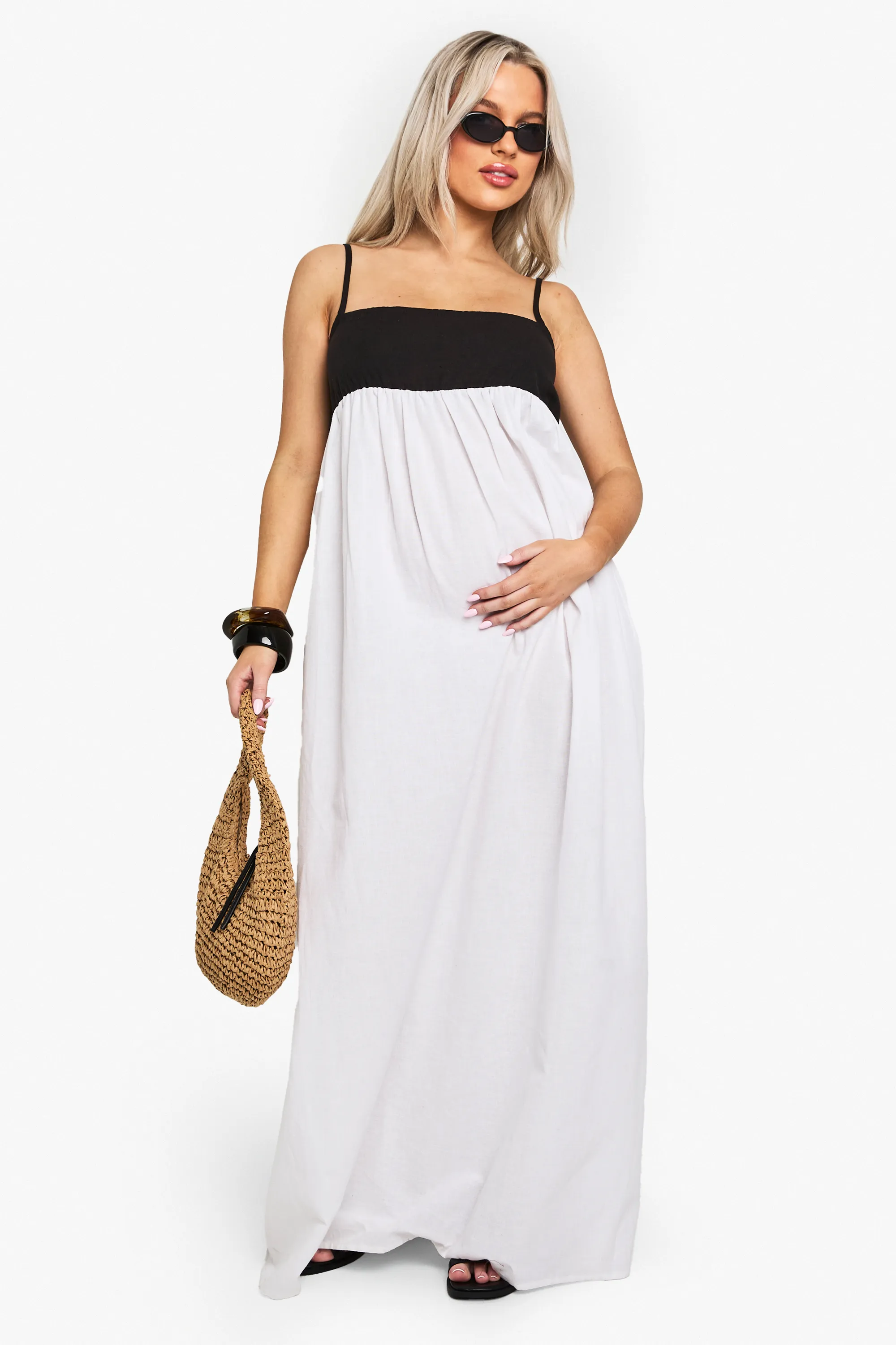 MATERNITY CONTRAST LINEN SMOCK MAXI DRESS 1 MATERNITY CONTRAST LINEN SMOCK MAXI DRESS