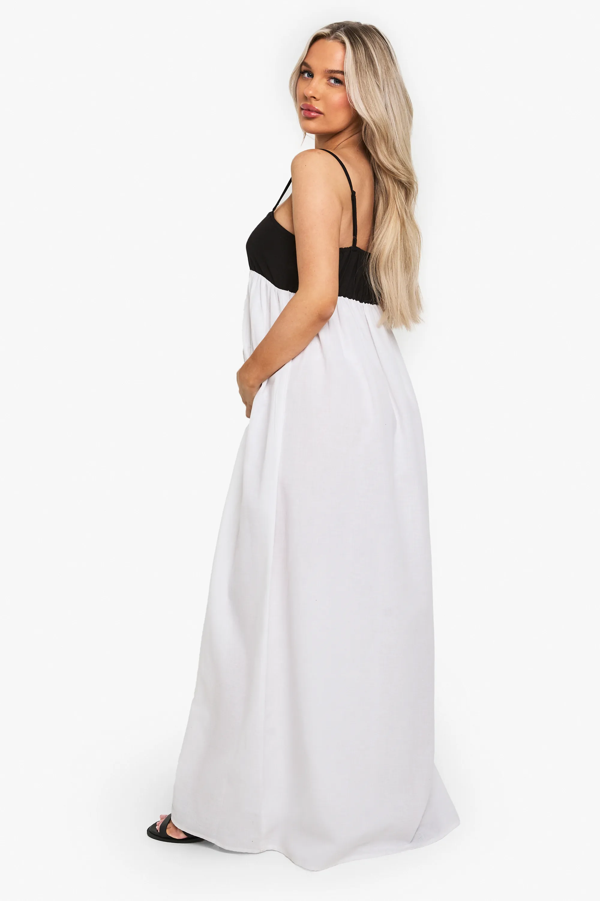 MATERNITY CONTRAST LINEN SMOCK MAXI DRESS 2 MATERNITY CONTRAST LINEN SMOCK MAXI DRESS