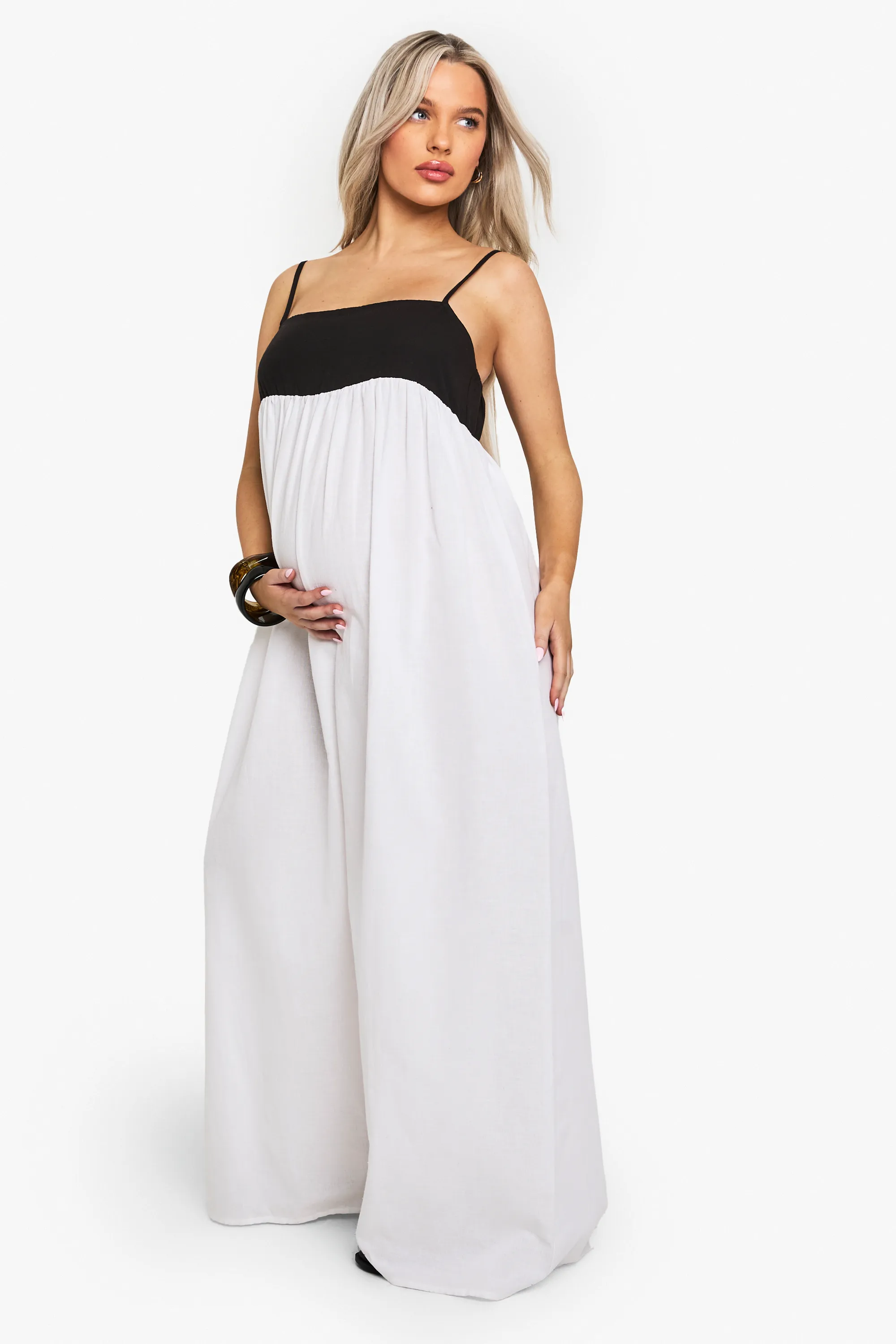 MATERNITY CONTRAST LINEN SMOCK MAXI DRESS 3 MATERNITY CONTRAST LINEN SMOCK MAXI DRESS
