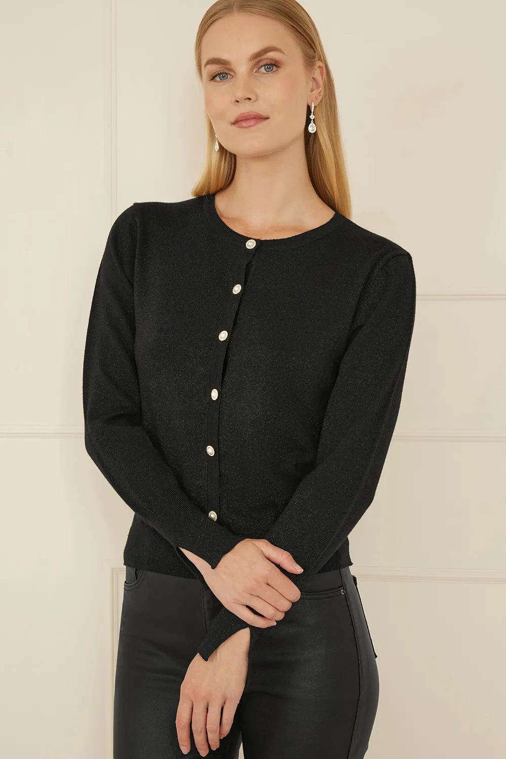 Black Metallic Knit Cardigan With Pearl Button Details 1 Black Metallic Knit Cardigan With Pearl Button Details