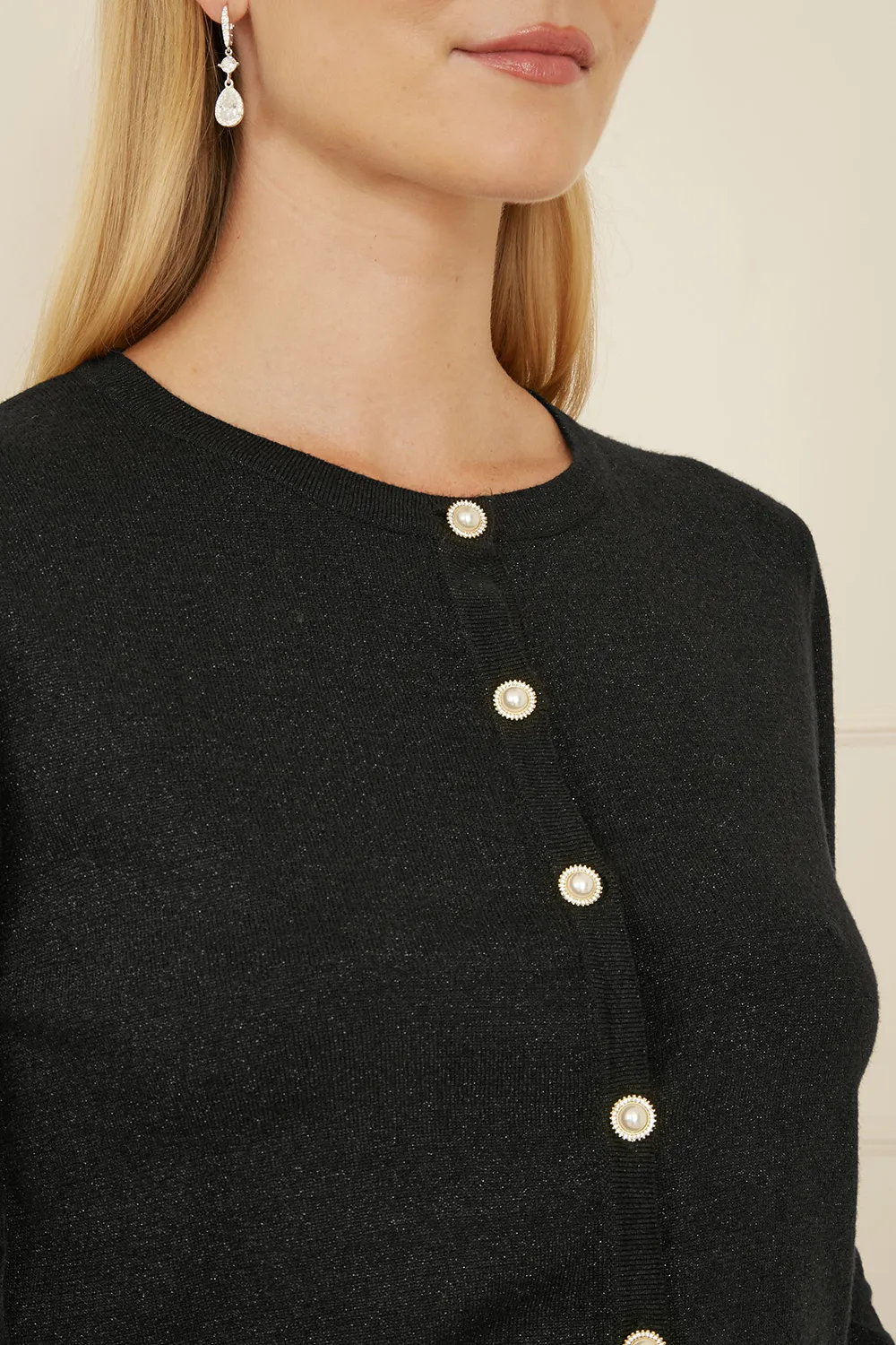Black Metallic Knit Cardigan With Pearl Button Details 4 Black Metallic Knit Cardigan With Pearl Button Details
