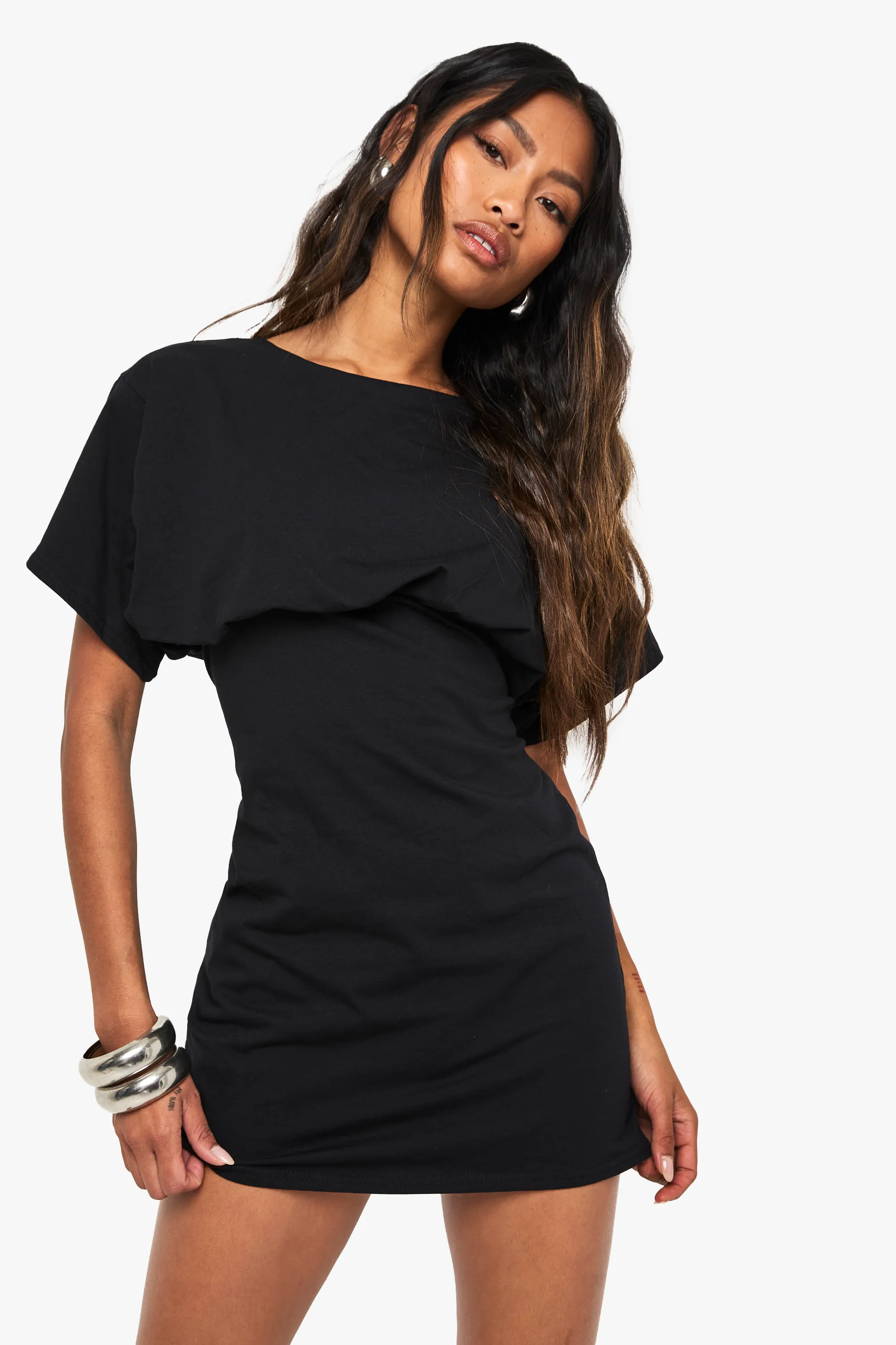 Cotton Crew Neck Batwing Mini Dress