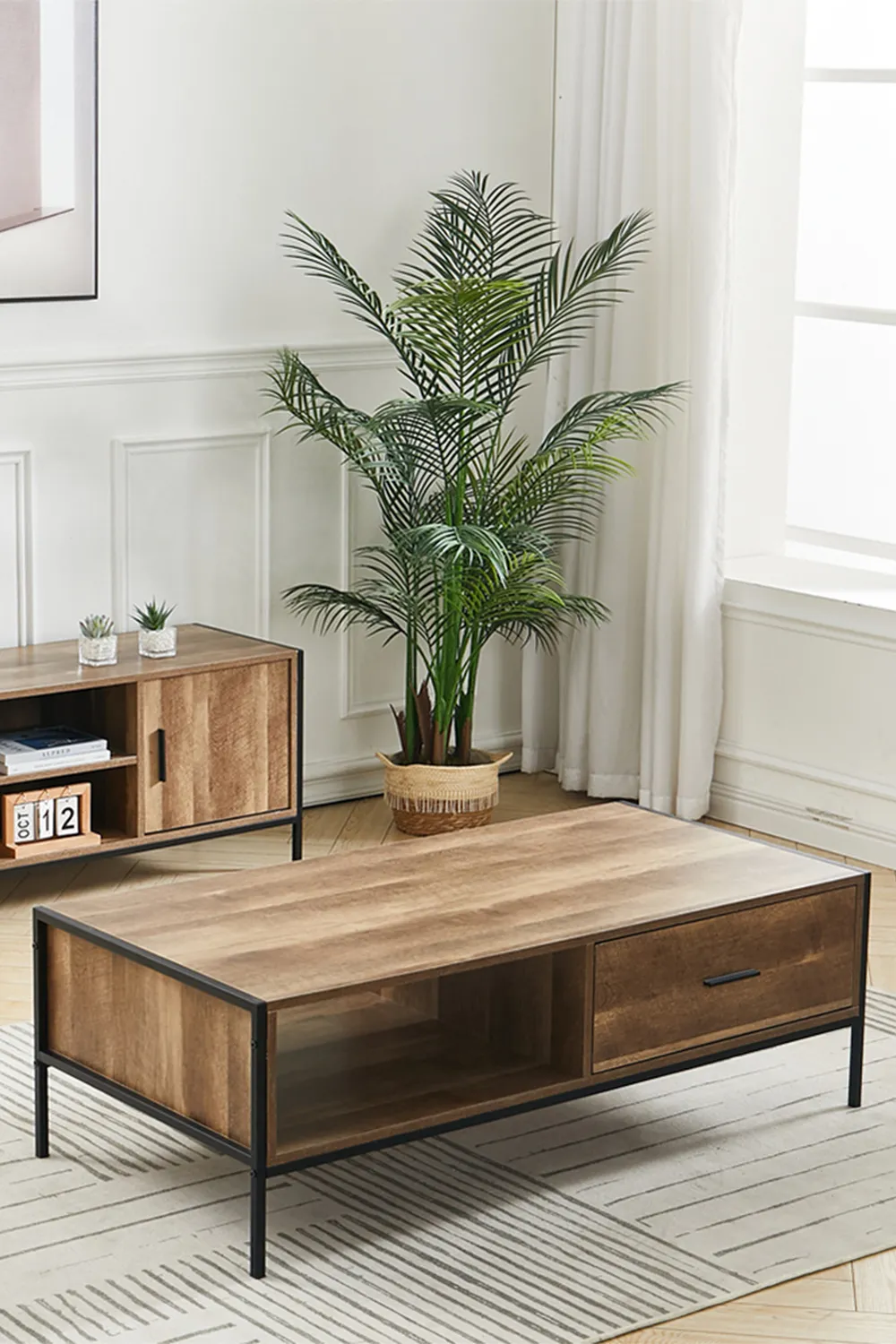 Rustic Coffee Table Metal Frame with Drawers
