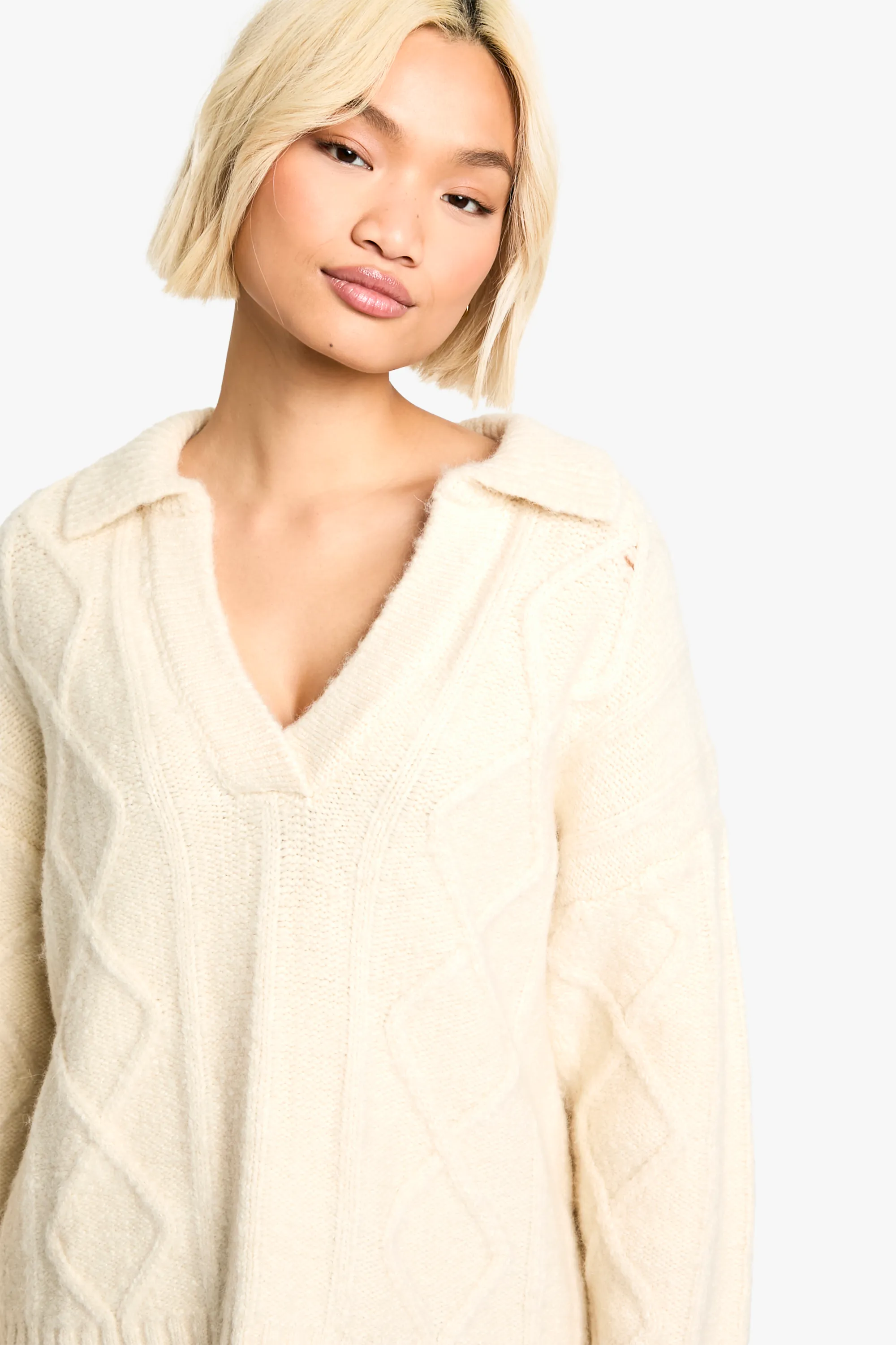 Cable V Neck Collared Knit Jumper 1 Cable V Neck Collared Knit Jumper