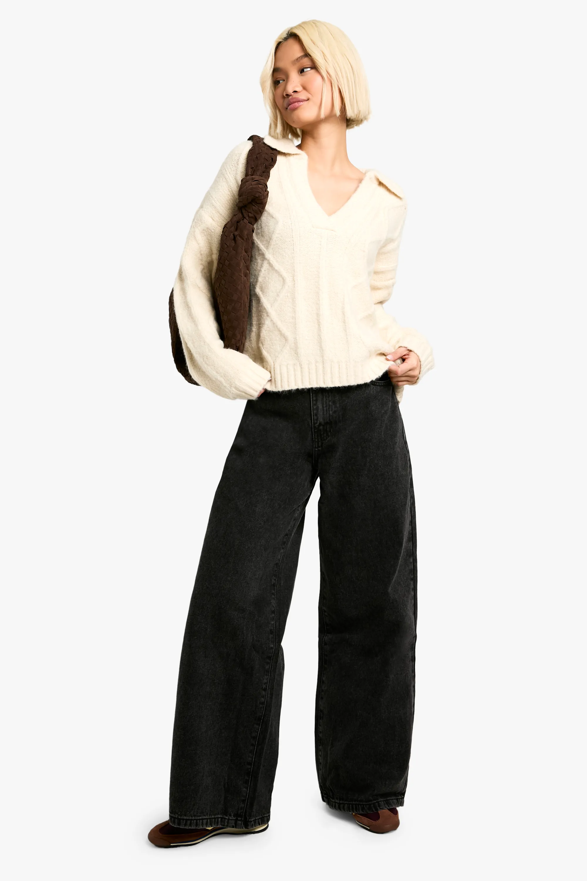 Cable V Neck Collared Knit Jumper 3 Cable V Neck Collared Knit Jumper