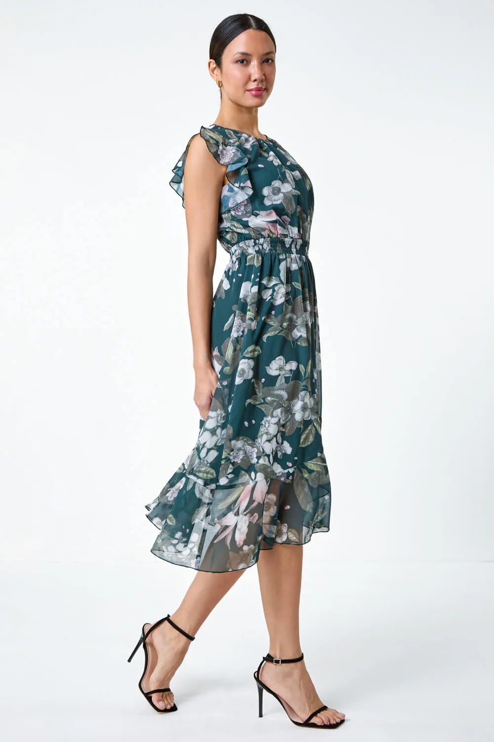 Floral Frill Shirred Asymmetric Midi Dress 2 Floral Frill Shirred Asymmetric Midi Dress