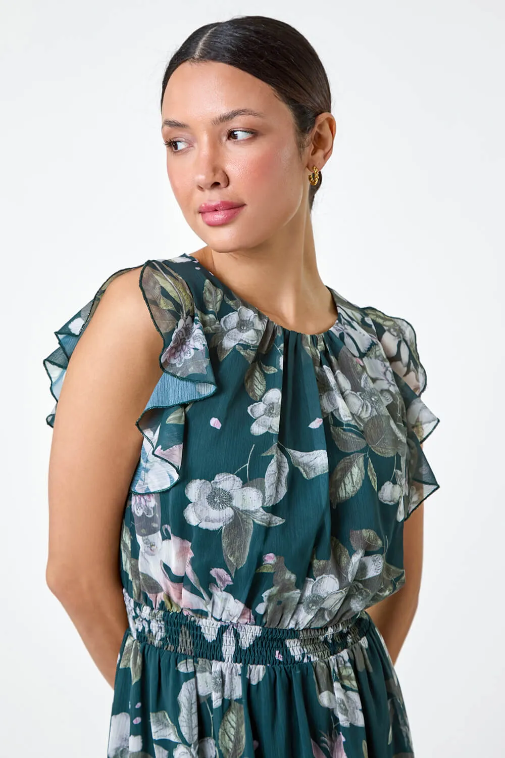 Floral Frill Shirred Asymmetric Midi Dress 4 Floral Frill Shirred Asymmetric Midi Dress
