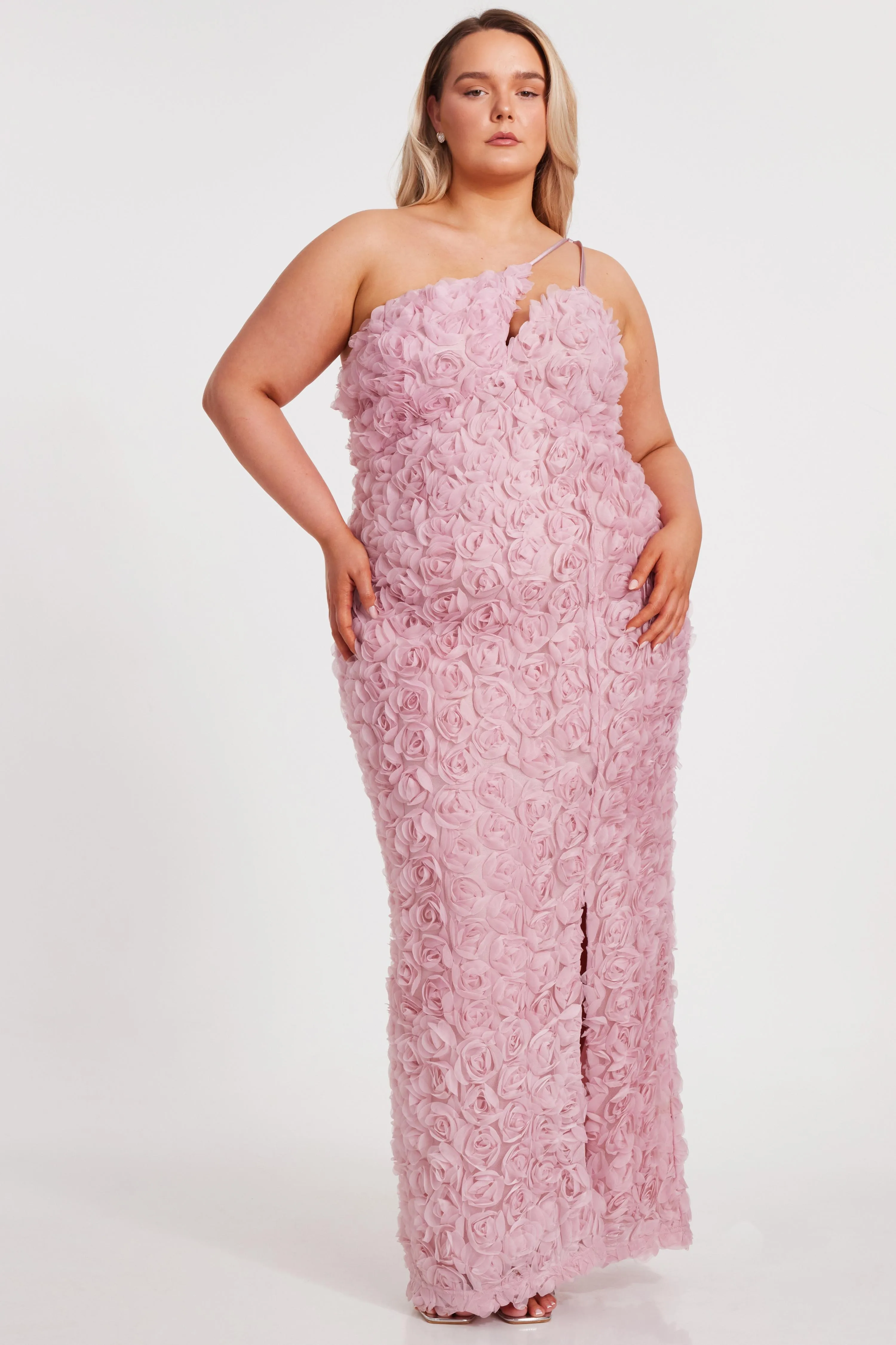 Pale Pink Curve One Shoulder Floral Maxi Dress