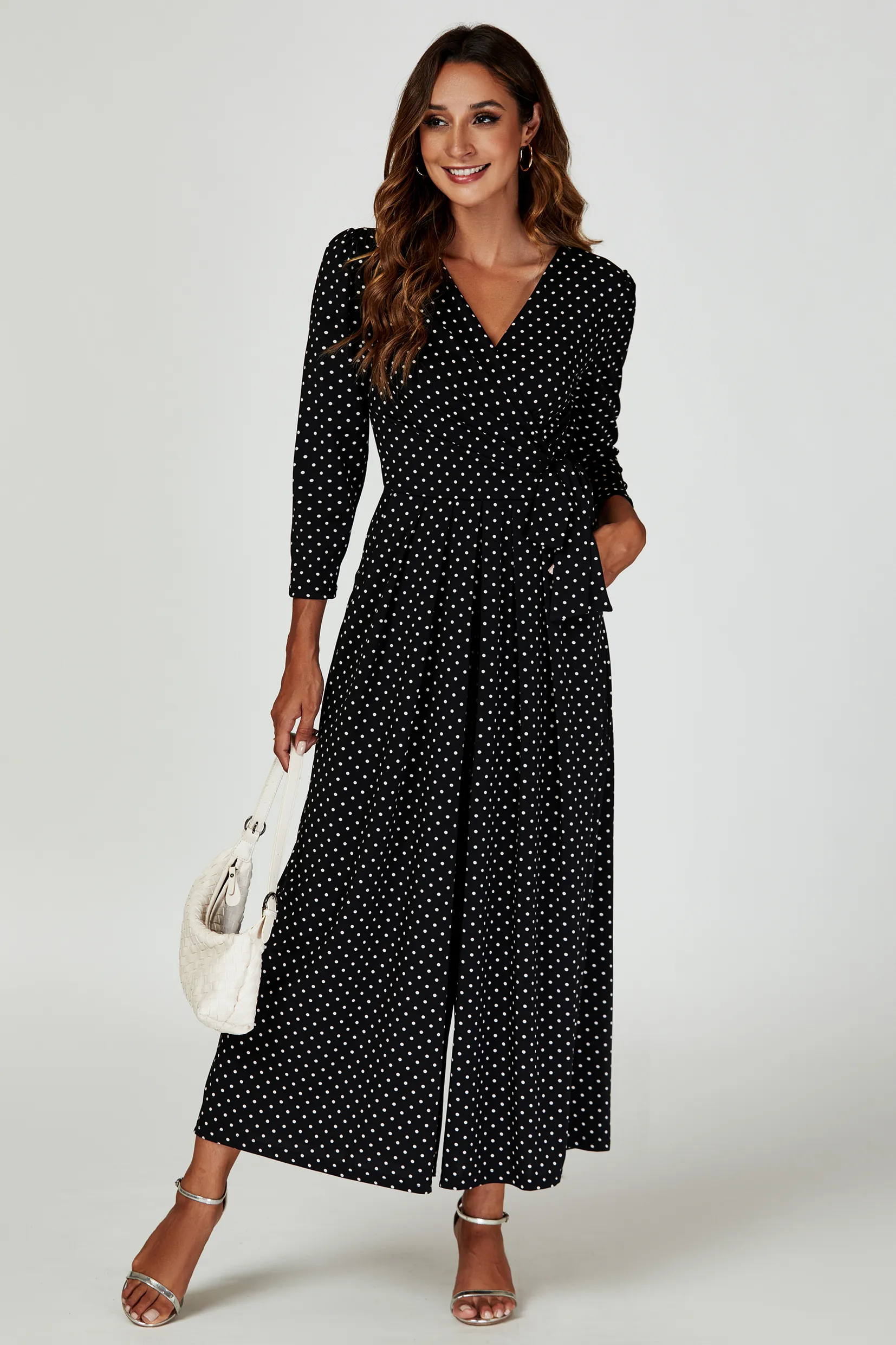 Dot Print Wrap Top Jumpsuit Dress In Black 1 Dot Print Wrap Top Jumpsuit Dress In Black