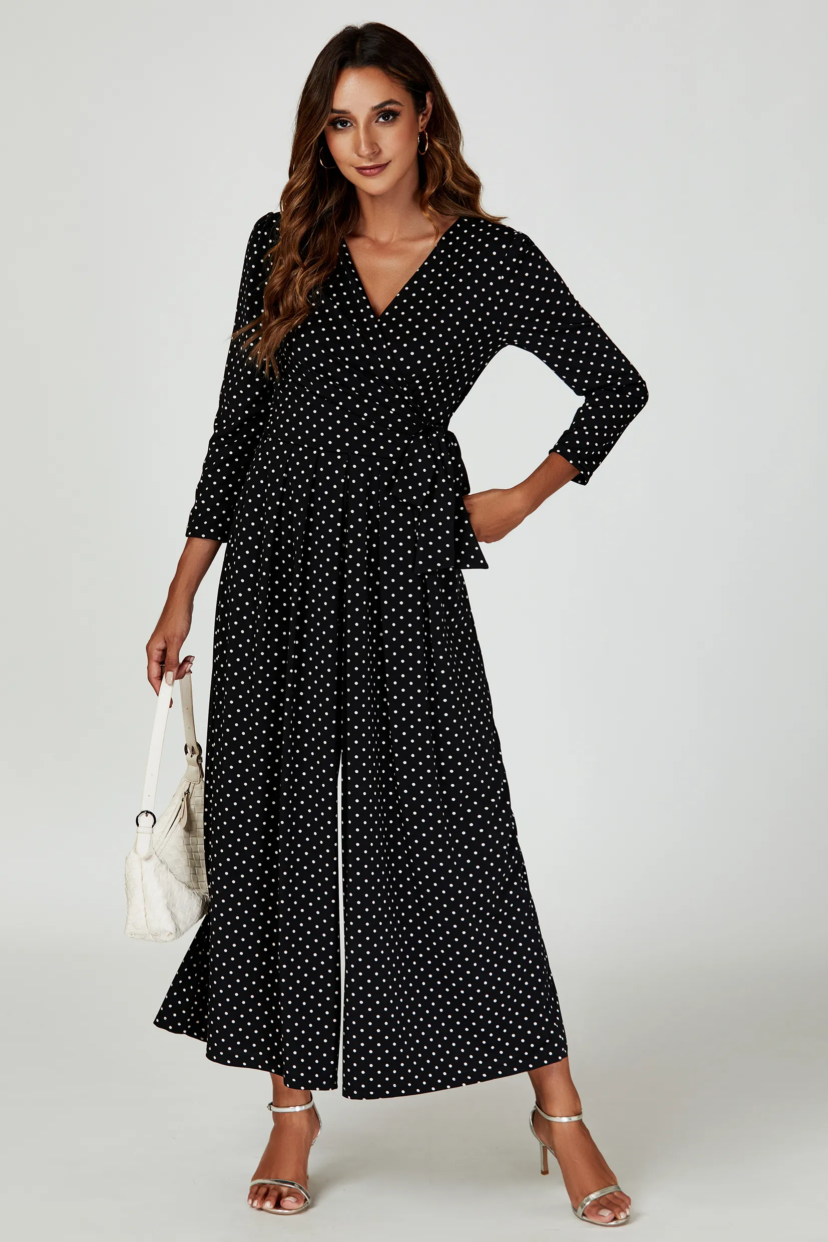 Dot Print Wrap Top Jumpsuit Dress In Black 2 Dot Print Wrap Top Jumpsuit Dress In Black