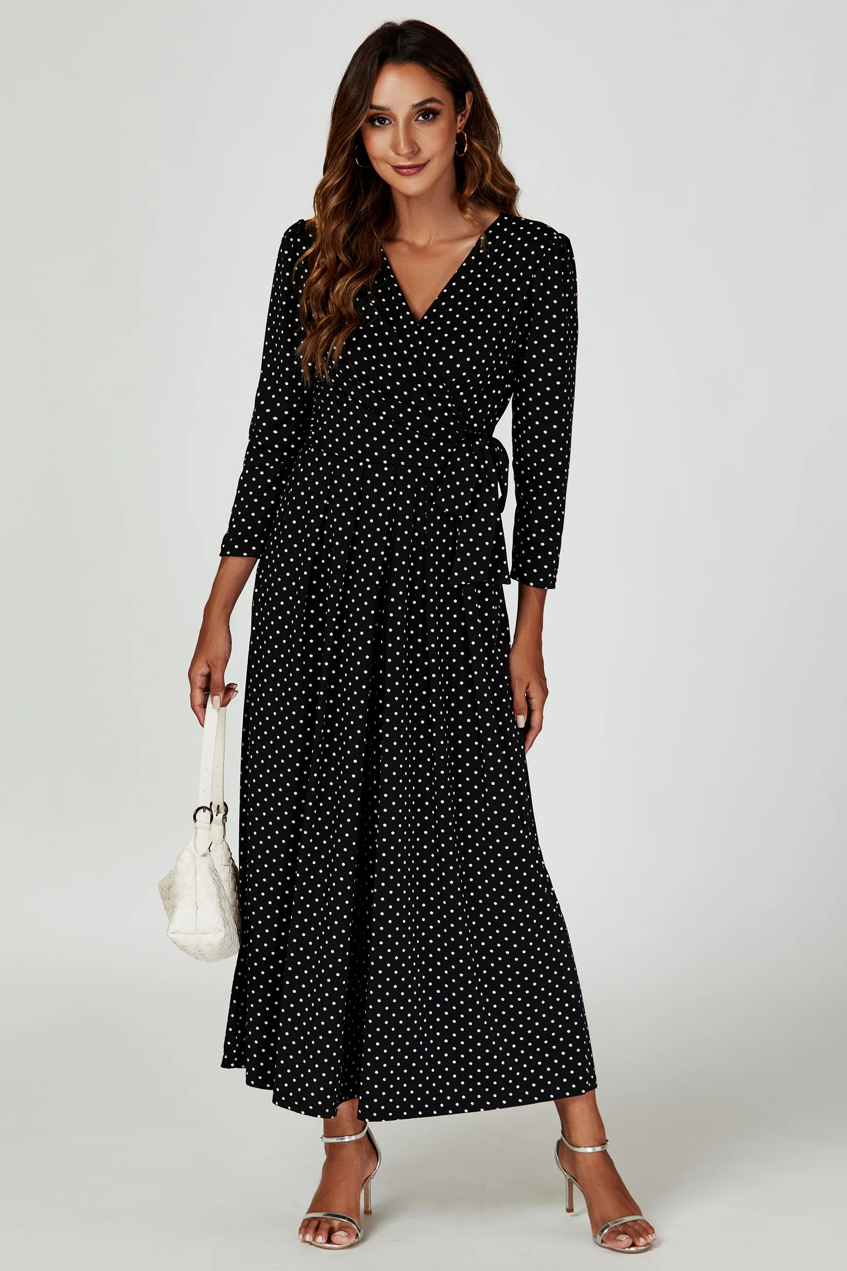 Dot Print Wrap Top Jumpsuit Dress In Black 4 Dot Print Wrap Top Jumpsuit Dress In Black