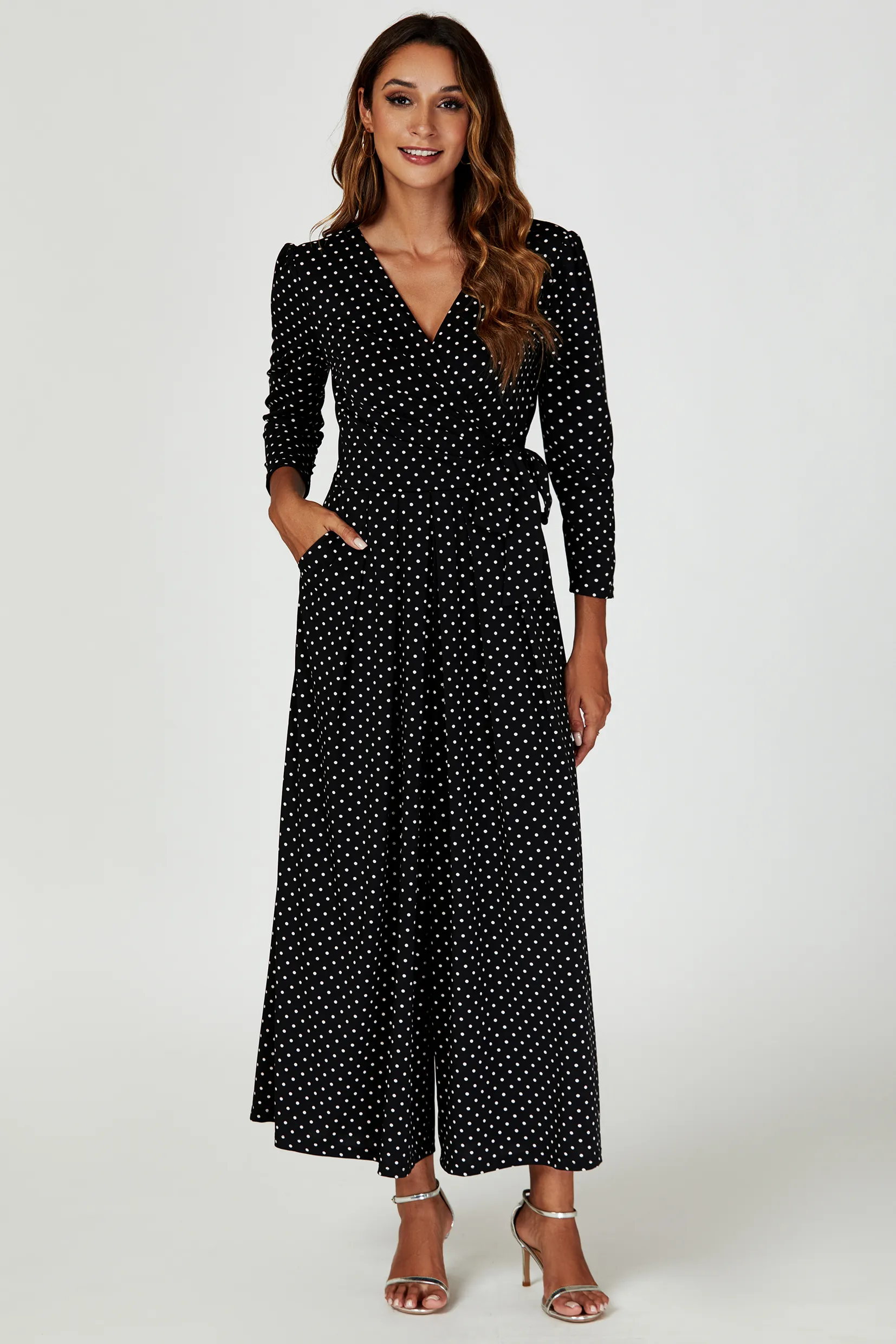 Dot Print Wrap Top Jumpsuit Dress In Black 5 Dot Print Wrap Top Jumpsuit Dress In Black