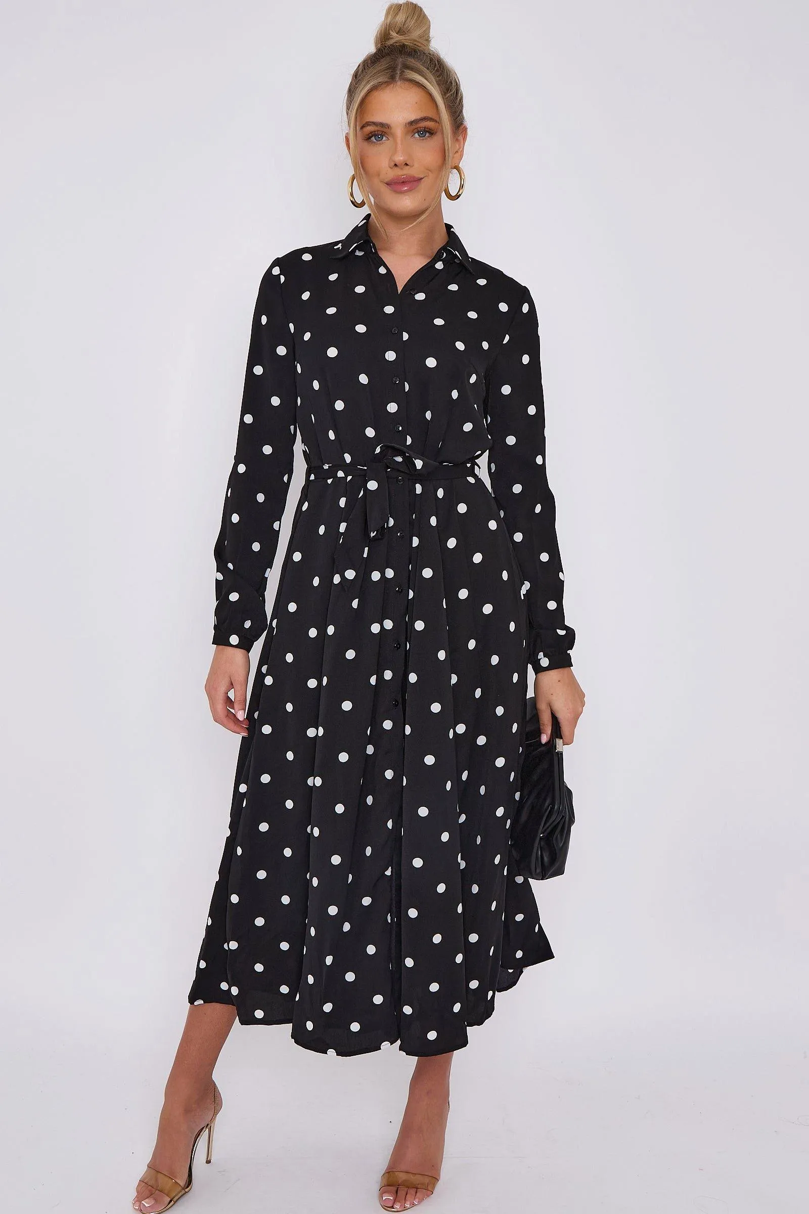 Black Polka Dot Print Midaxi Shirt Dress