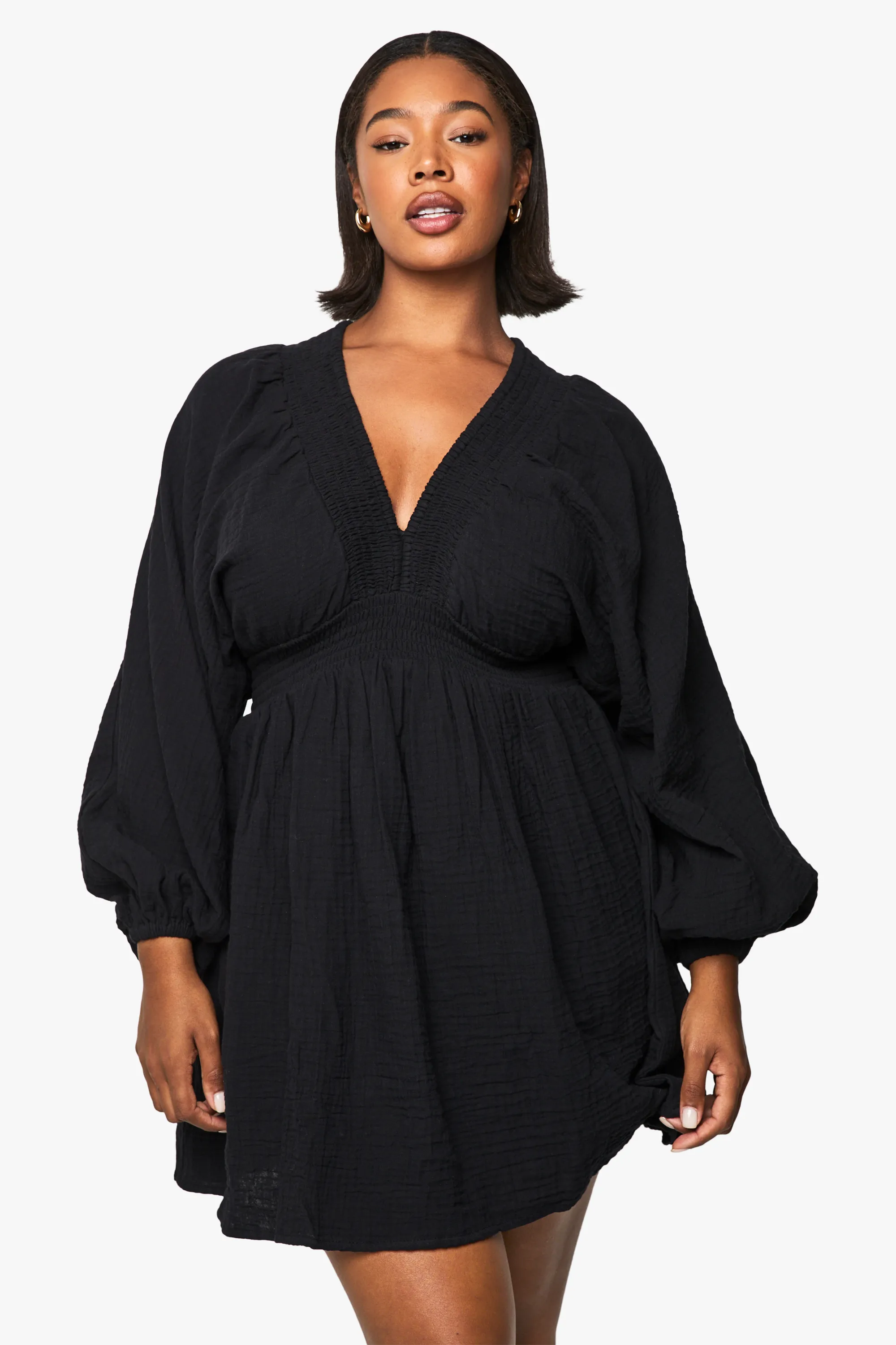 Plus Cheesecloth Blouson Sleeve Skater Dress