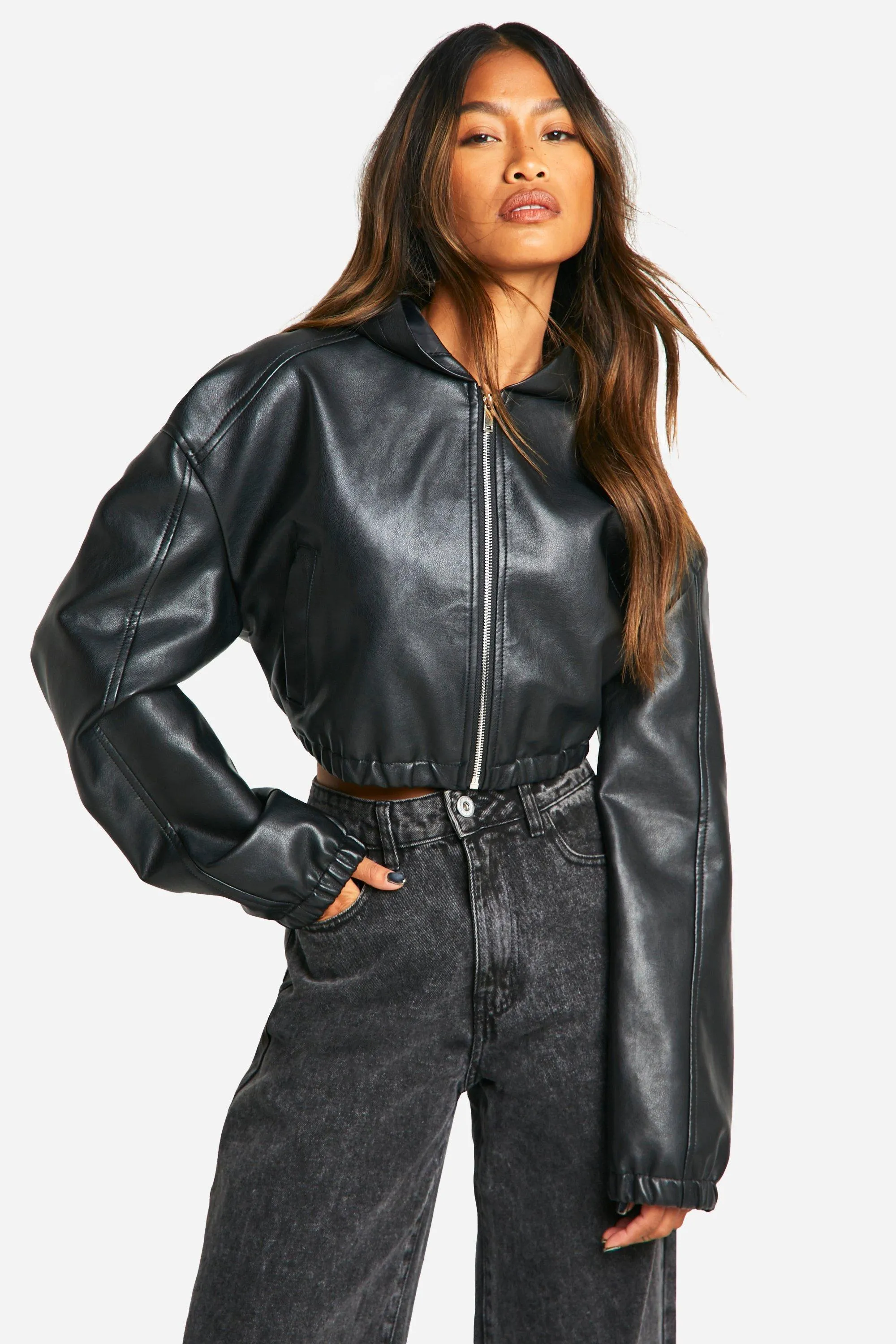 Hooded Faux Leather Bomber Jacket 1 Hooded Faux Leather Bomber Jacket