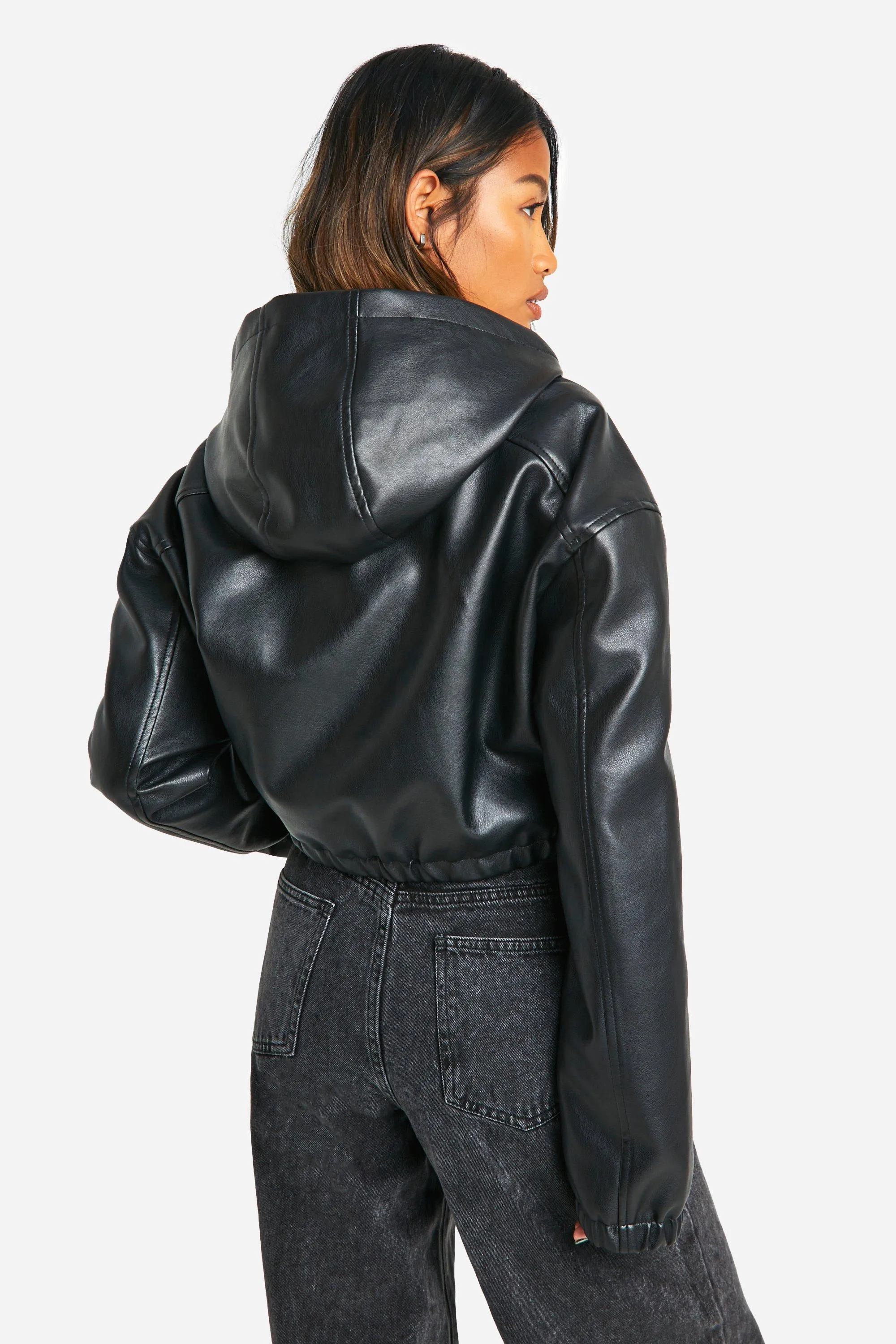 Hooded Faux Leather Bomber Jacket 2 Hooded Faux Leather Bomber Jacket