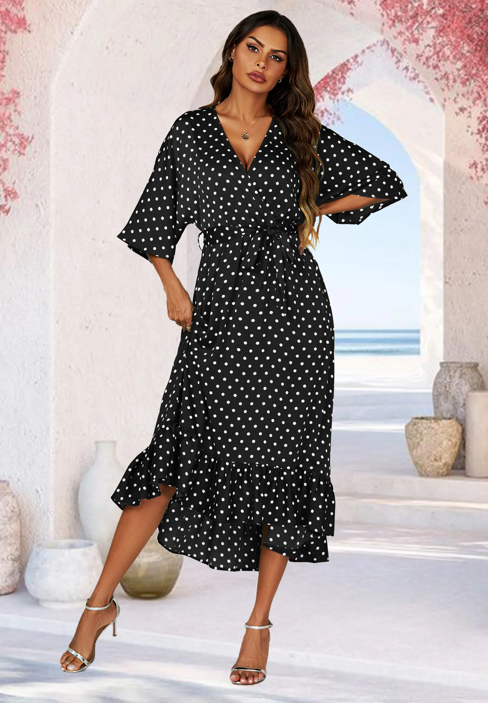 Polka Dot Print Wrap Top Kimono Sleeve Maxi Dress In Black 3 Polka Dot Print Wrap Top Kimono Sleeve Maxi Dress In Black