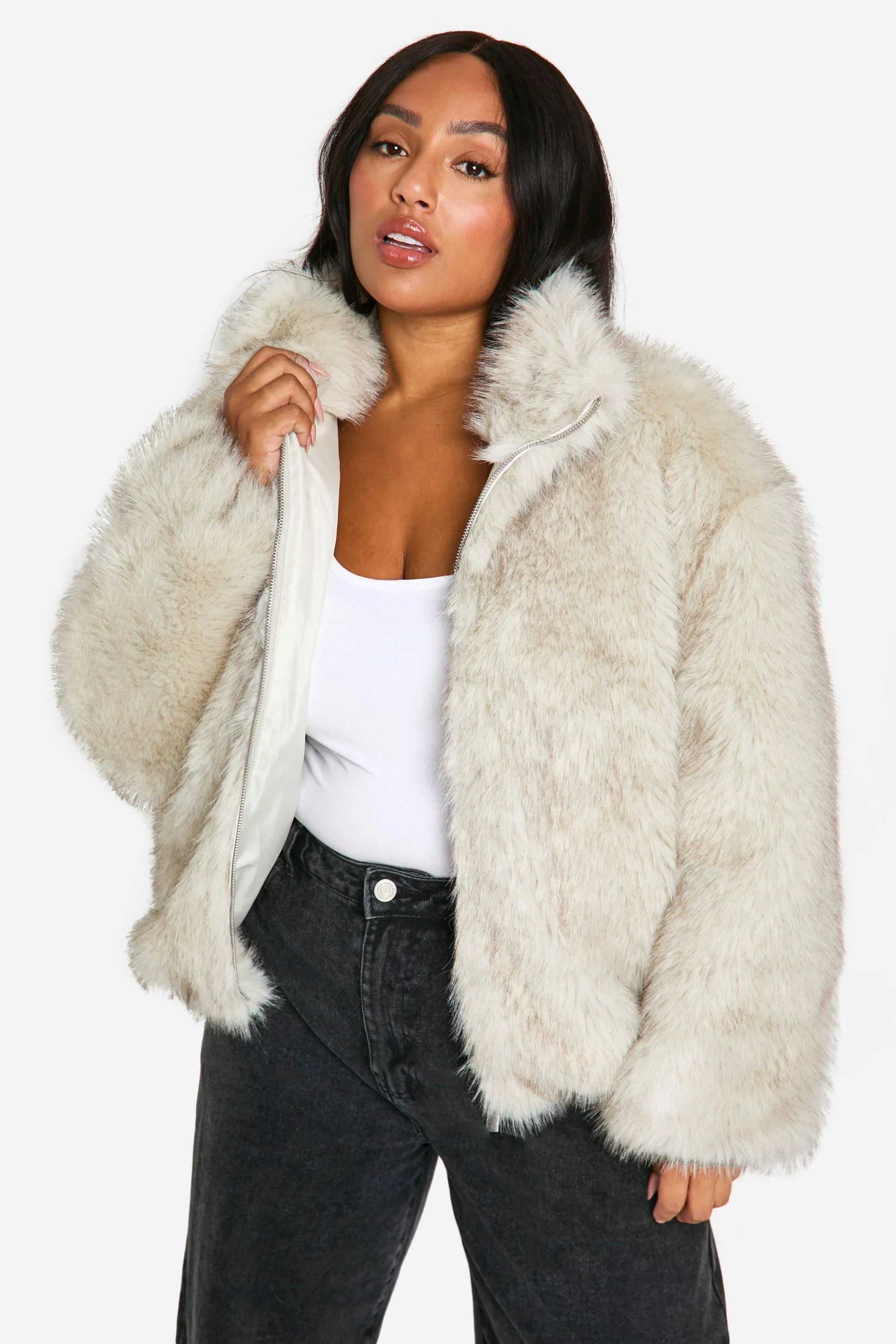 Plus Vintage Look Faux Fur Funnel Neck Jacket