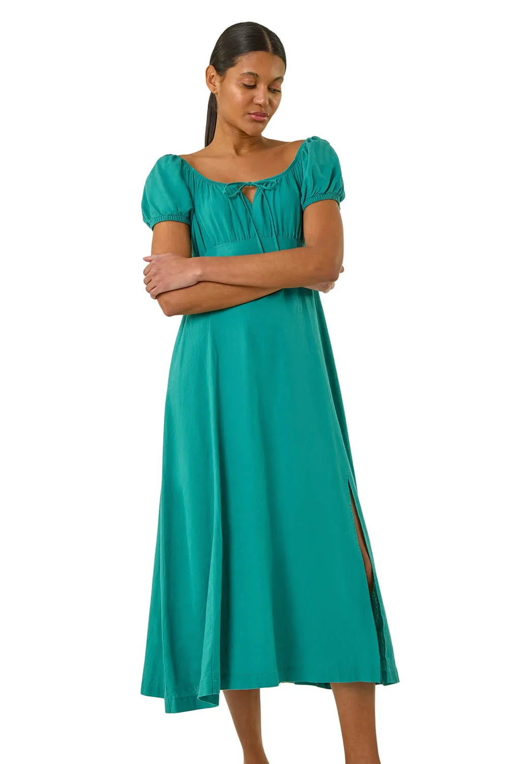 Puff Sleeve Linen Mix Midi Dress