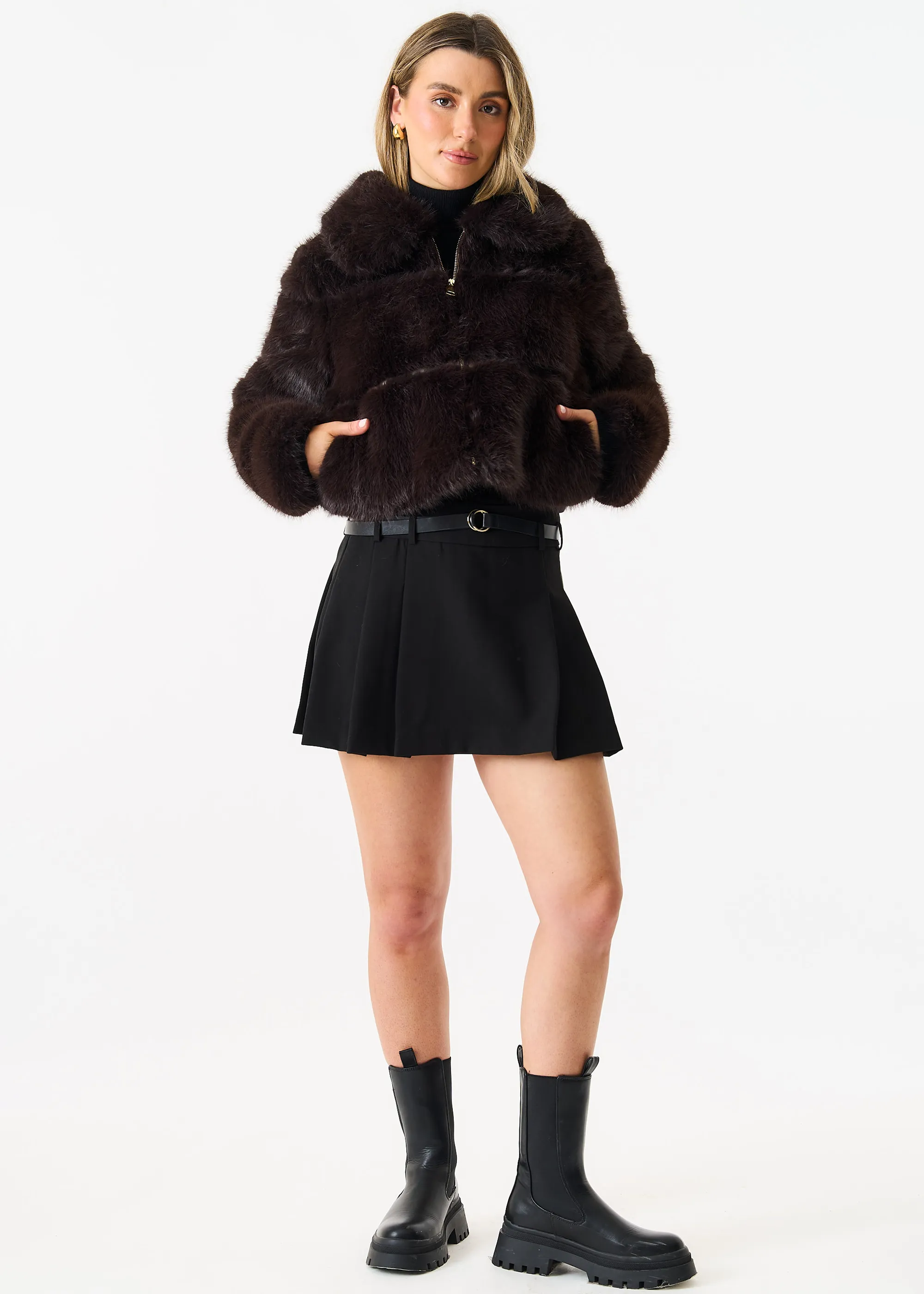 Brown Panel Faux Fur Cropped Jacket