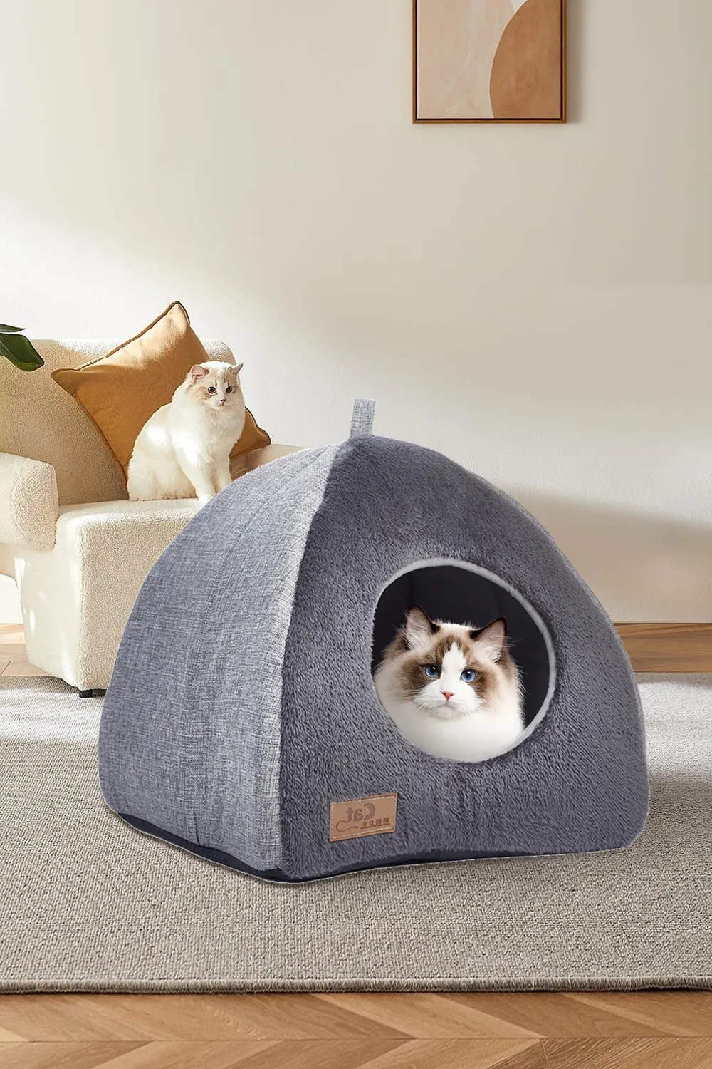 Triangular Dog Cat House with Soft Plush 1 Triangular Dog Cat House with Soft Plush