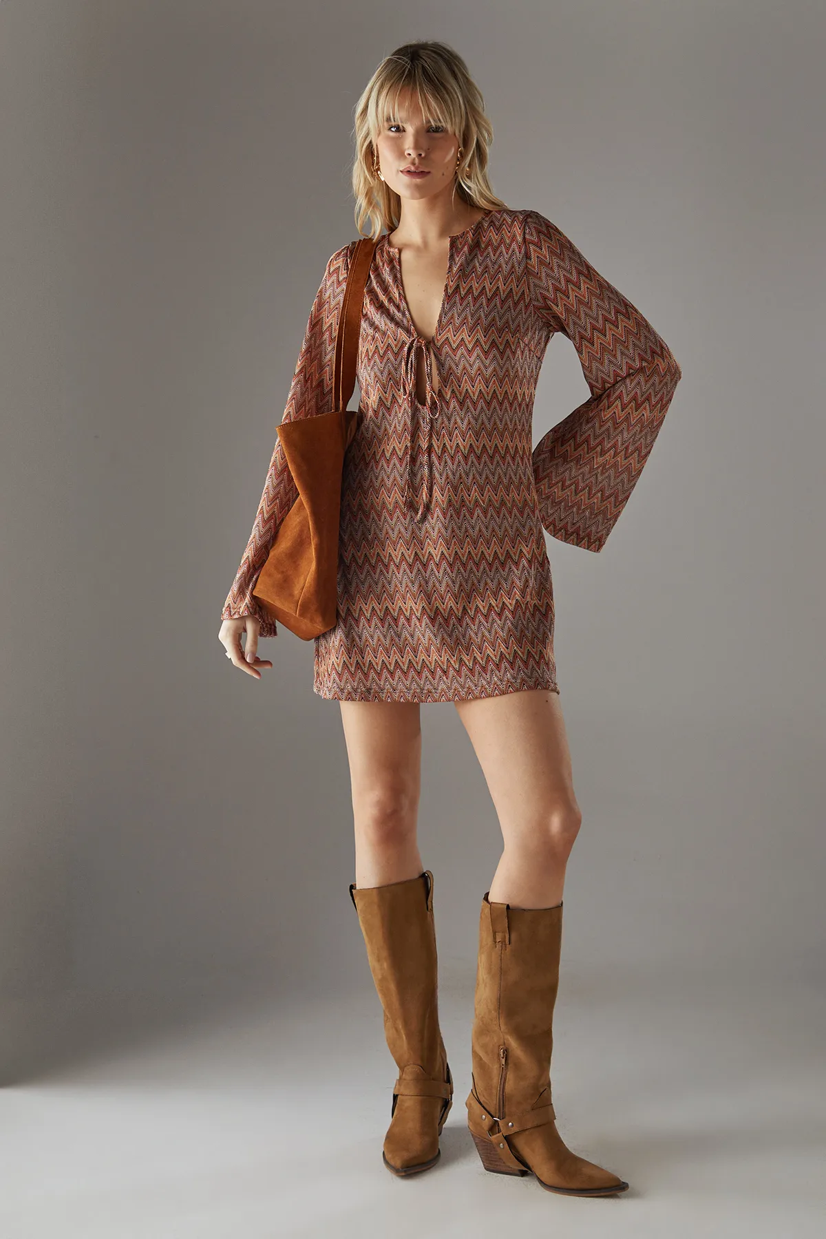 Crochet Tie Front Flare Sleeve Mini Dress