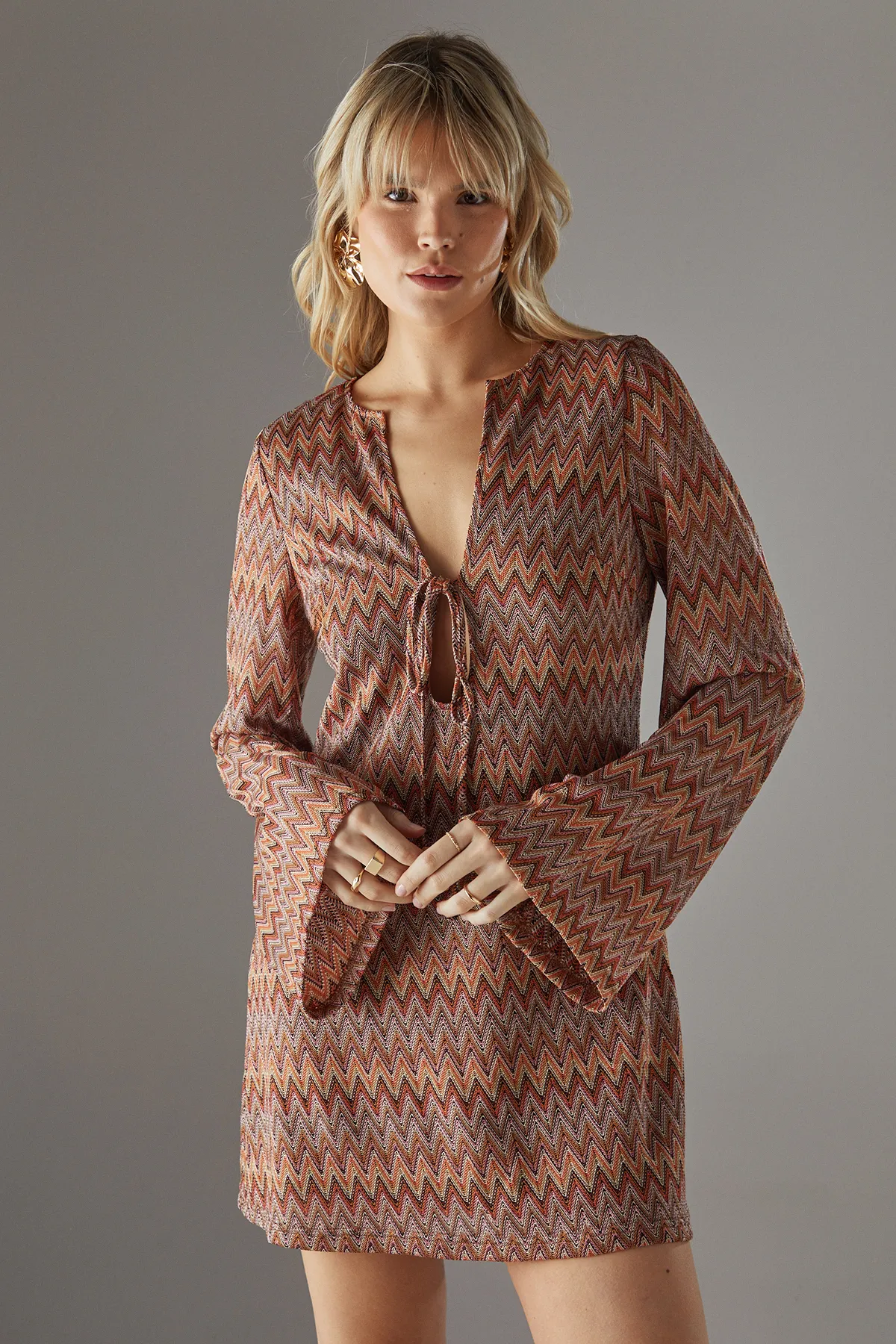 Crochet Tie Front Flare Sleeve Mini Dress 2 Crochet Tie Front Flare Sleeve Mini Dress