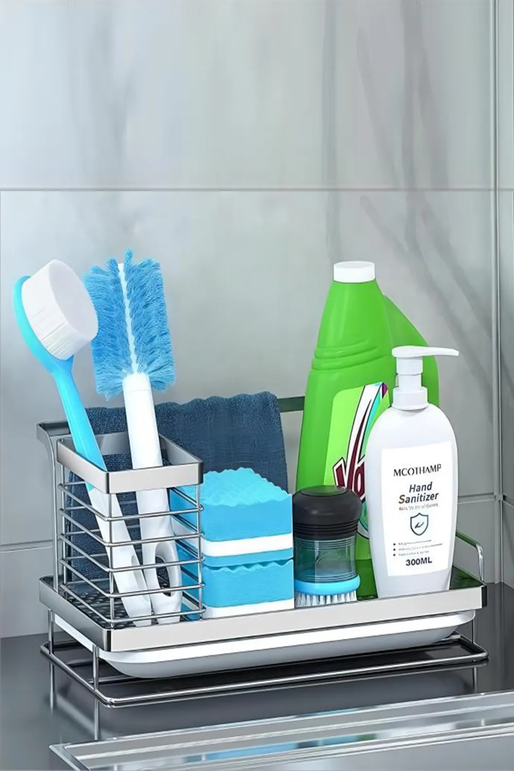 Stainless Steel Sink Organizer with Drain Tray Sponge Cloth Holder Kitchen Caddy Storage