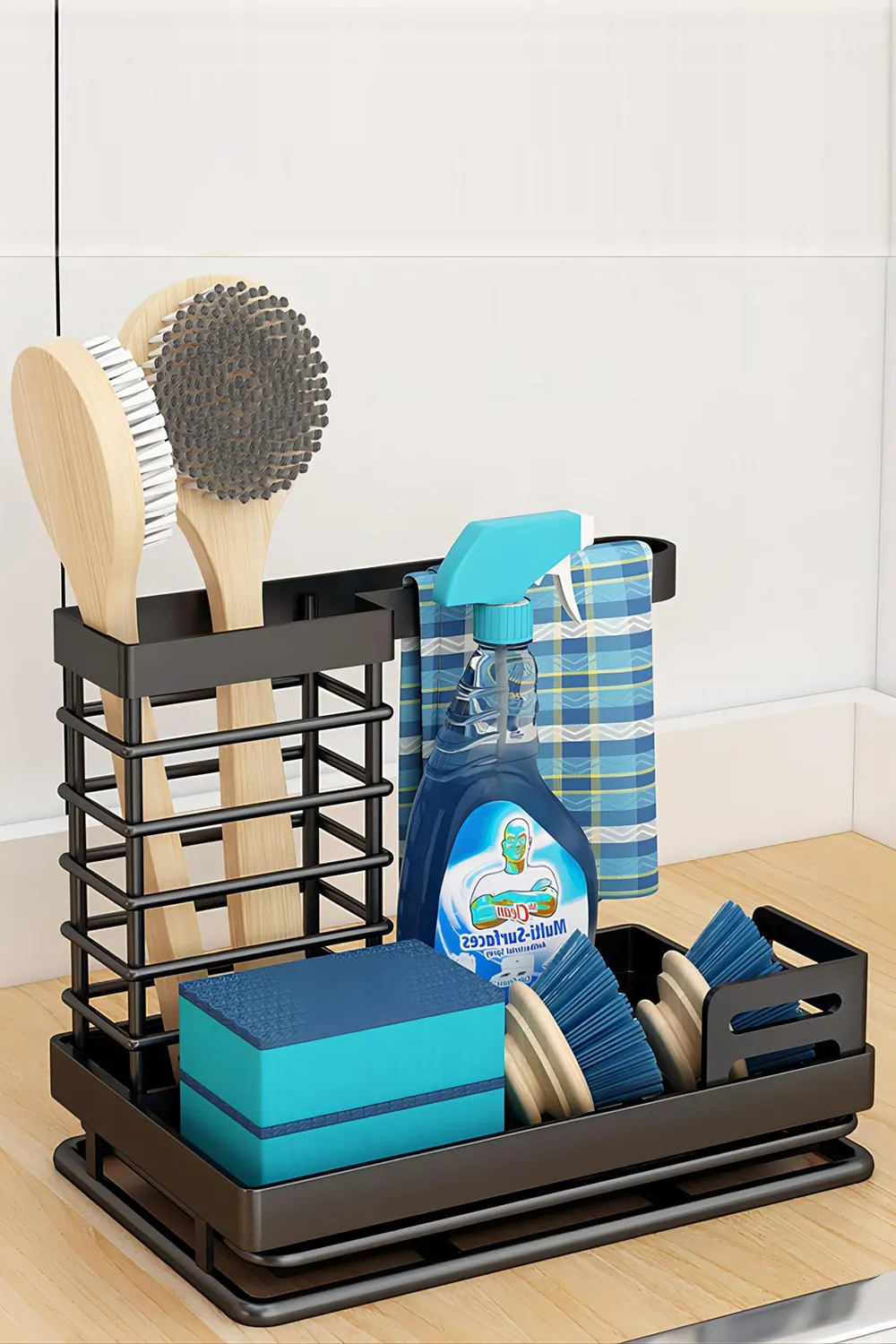 Multifunctional Steel Kitchen Sink Caddy Organizer Rack with Drain Tray Sponge Holder Black